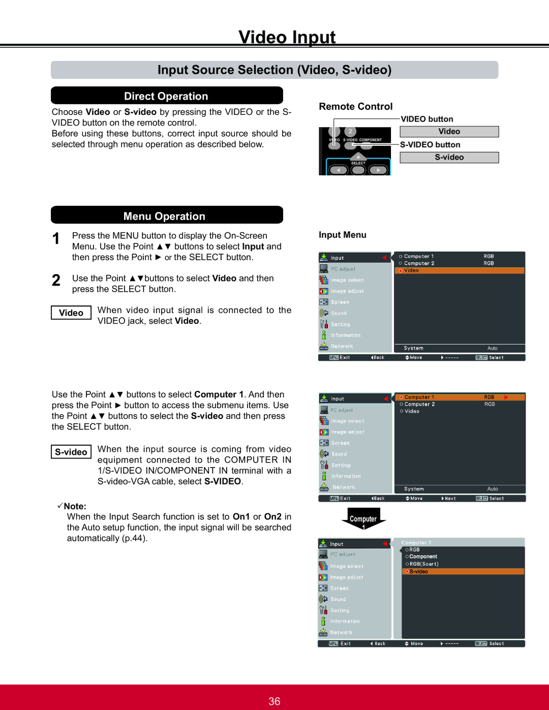 ViewSonic PJL6223 Video Input, Input Source Selection Video, S-video, SUHVVWKH6/&7EXWWRQ, Input Menu, Video button 