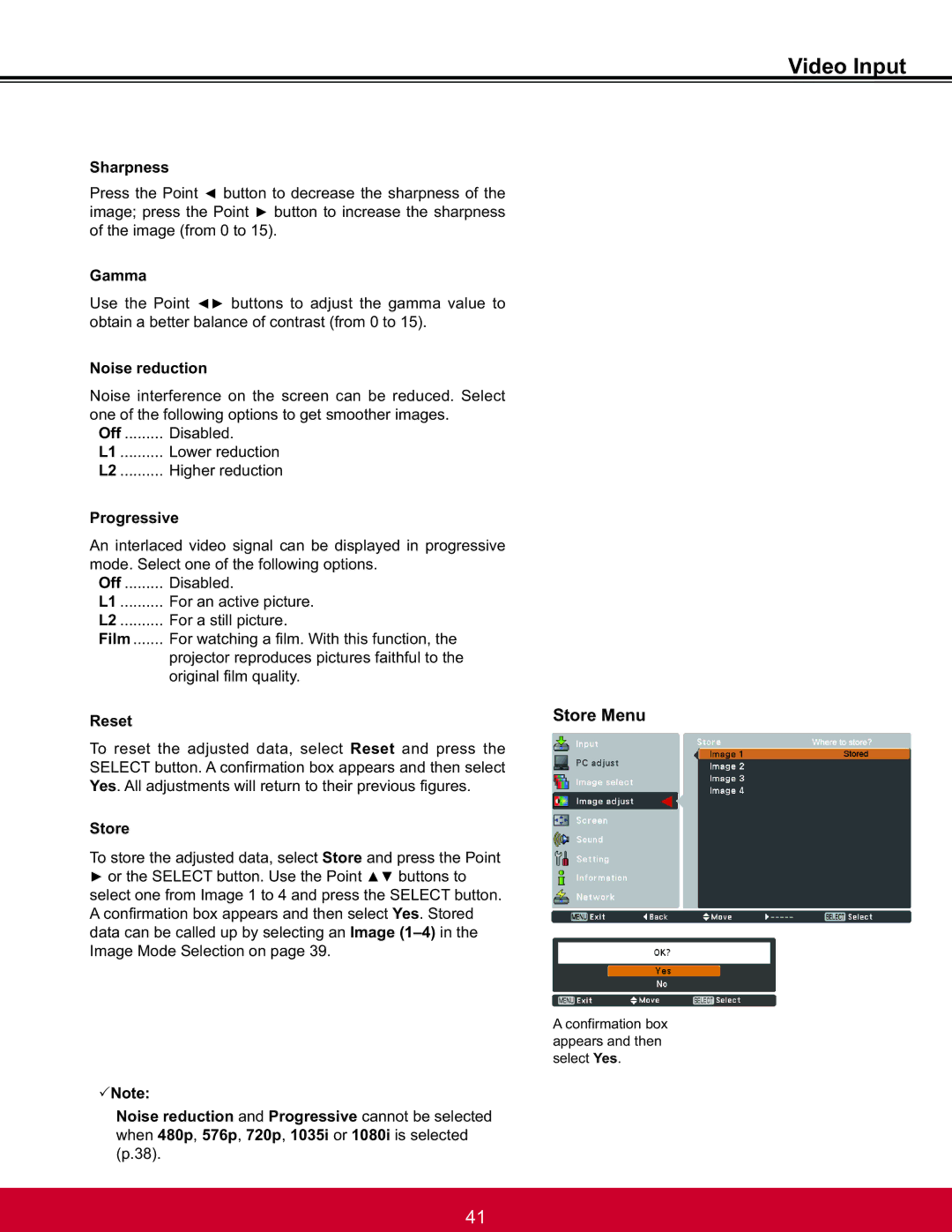 ViewSonic PJL6233, PJL6223 warranty Video Input, Noise reduction, Disabled, Higher reduction, Progressive 