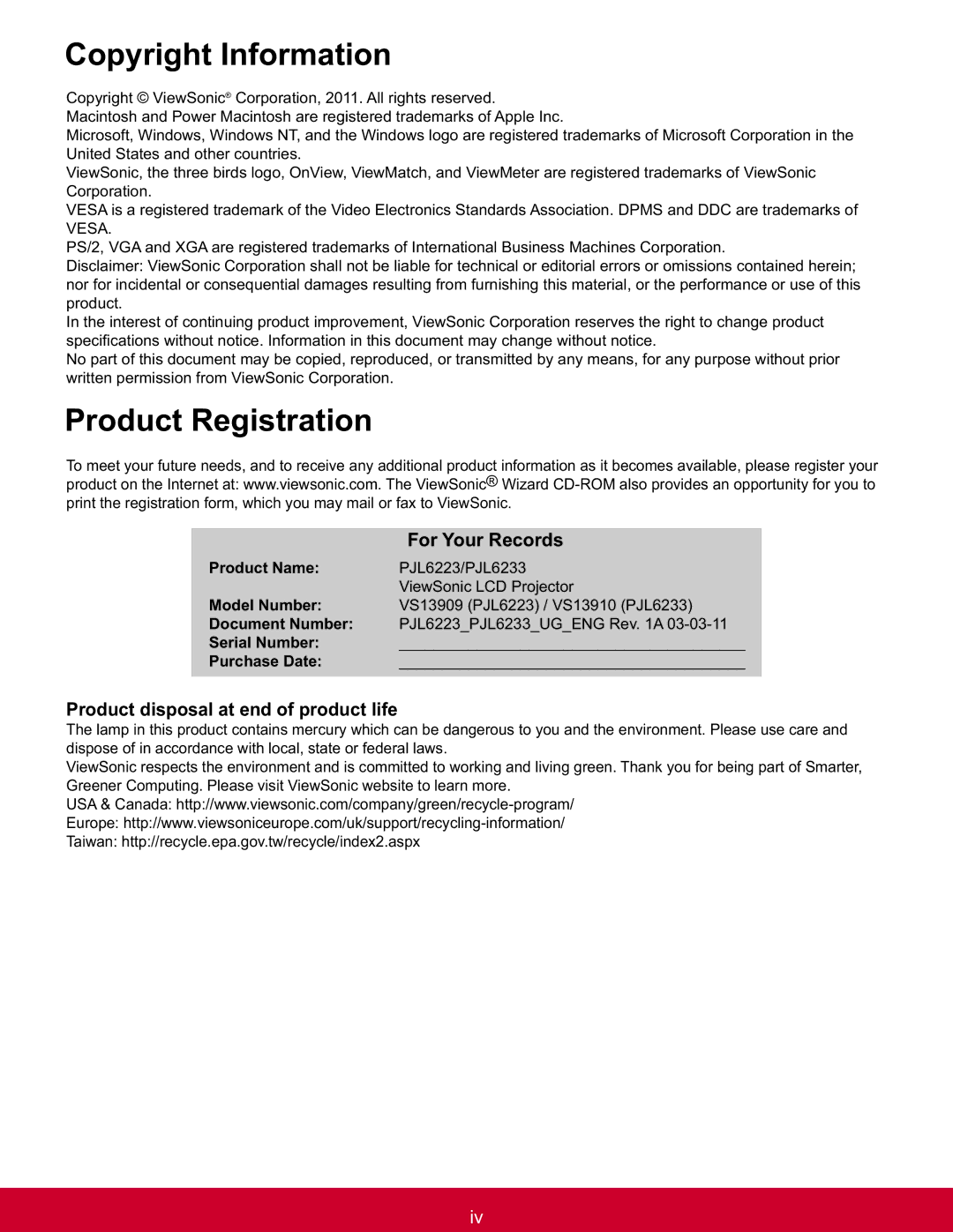 ViewSonic PJL6233 Copyright Information, Product Registration, For Your Records, Product disposal at end of product life 