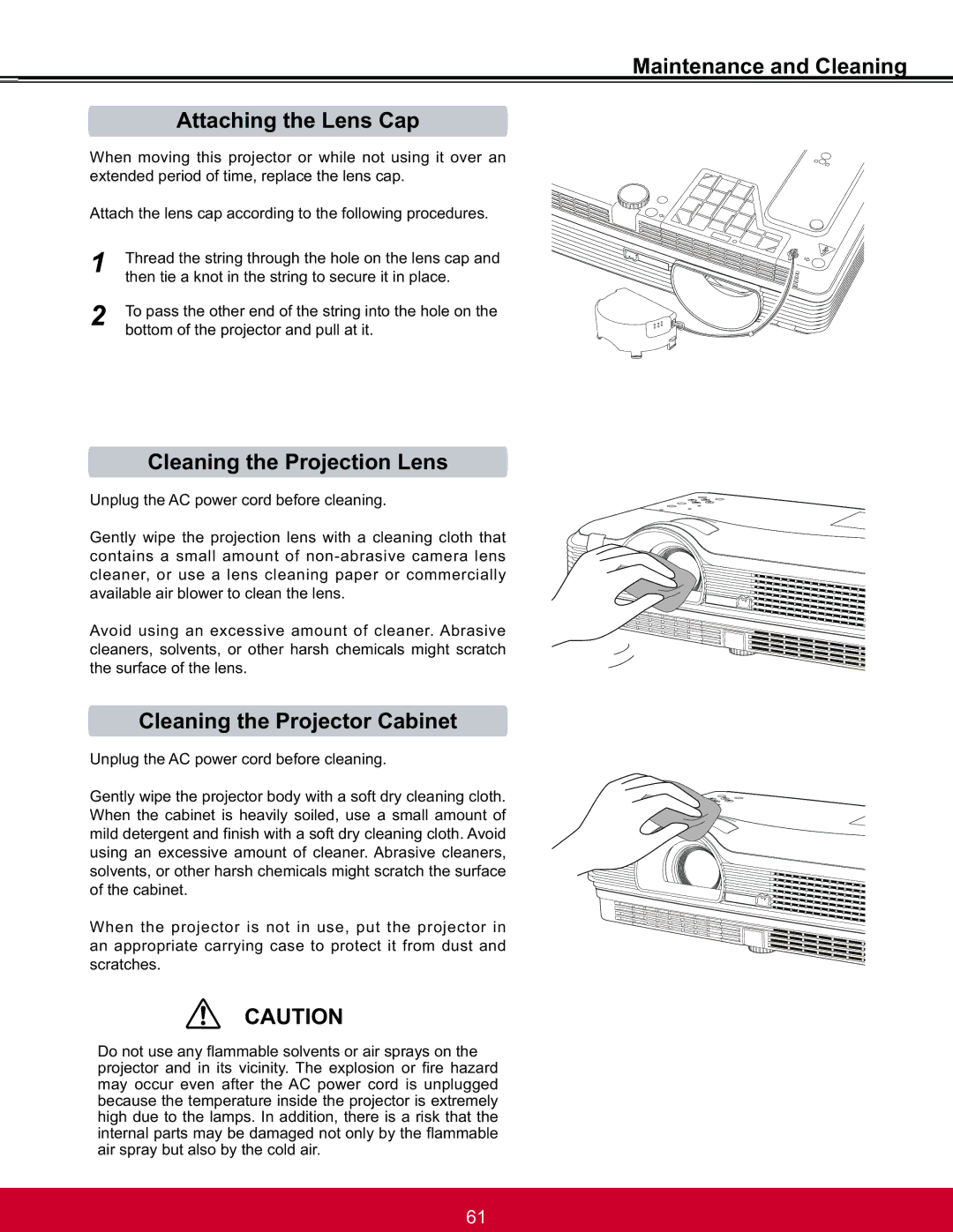 ViewSonic PJL6233, PJL6223 warranty Maintenance and Cleaning Attaching the Lens Cap, Cleaning the Projection Lens 