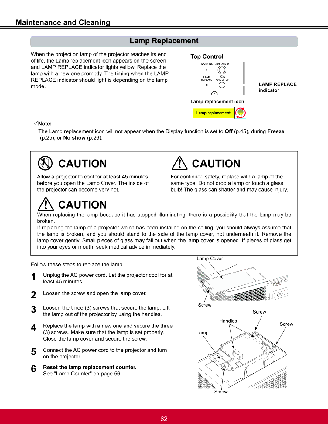 ViewSonic PJL6223, PJL6233 warranty Maintenance and Cleaning Lamp Replacement, RrvhqWkhVfuhzDqgRshqWkhOdpsFryhu 