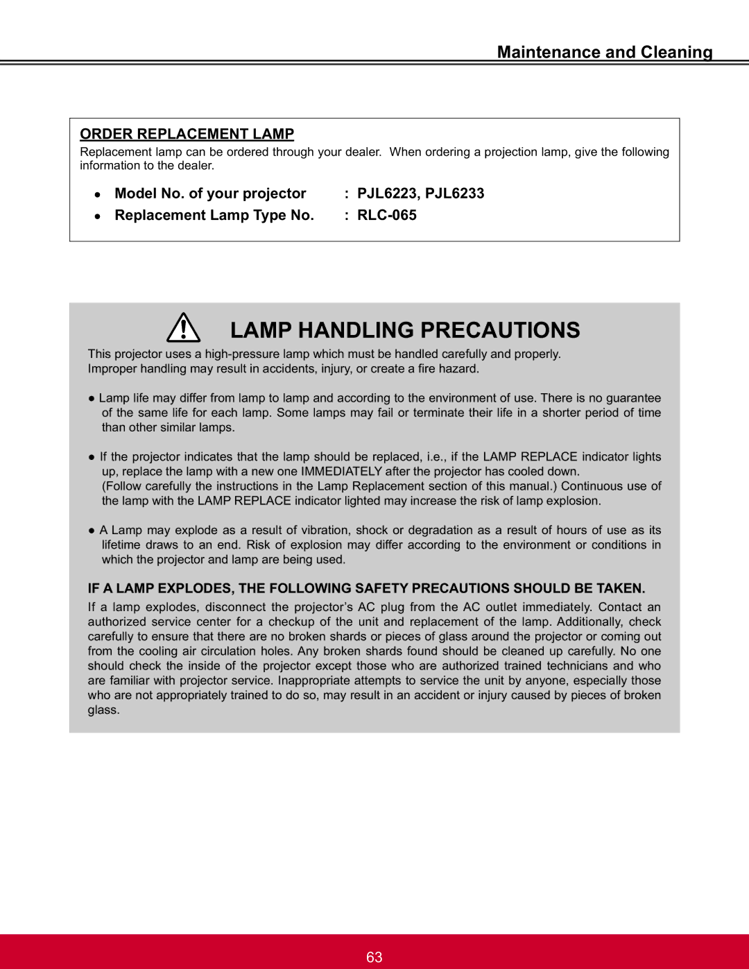 ViewSonic PJL6233, PJL6223 warranty Maintenance and Cleaning, Order Replacement Lamp 