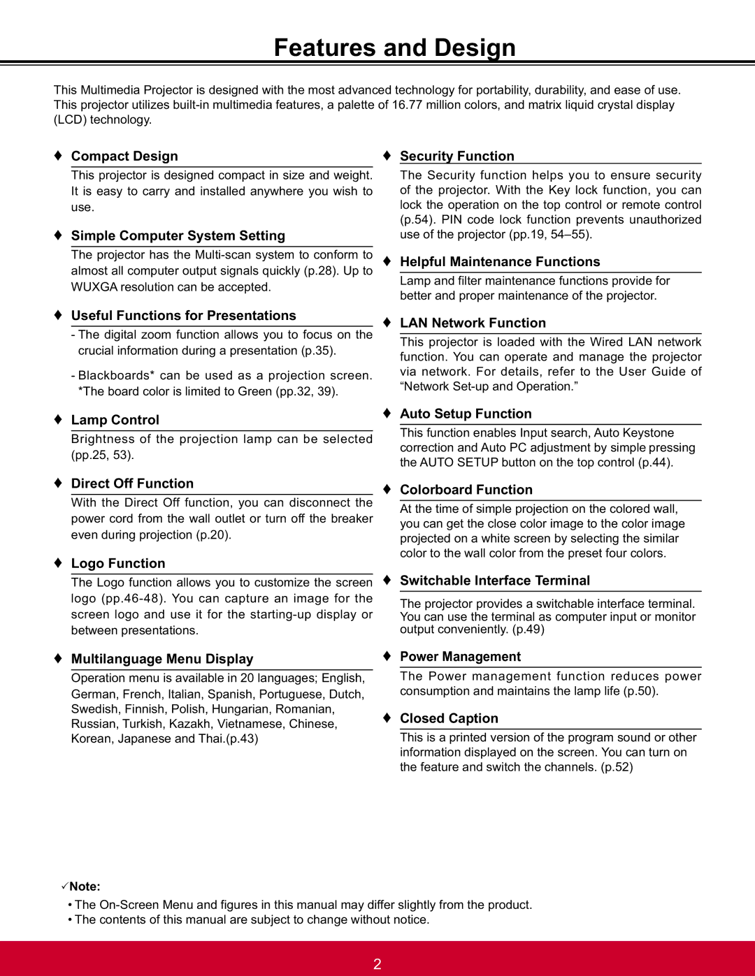 ViewSonic PJL6223, PJL6233 warranty Features and Design 