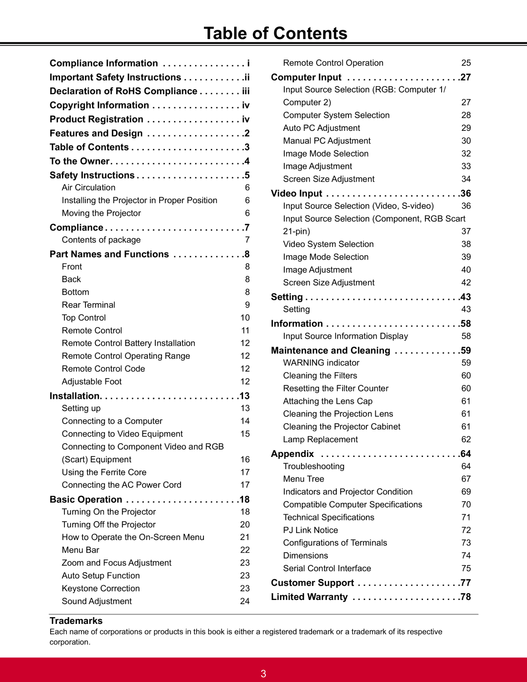 ViewSonic PJL6233, PJL6223 warranty Table of Contents 