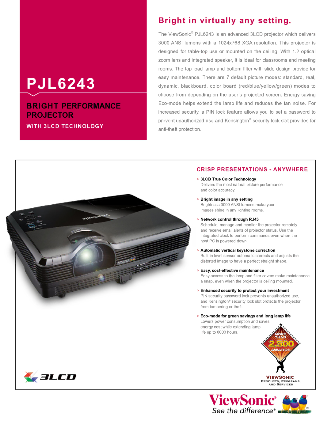 ViewSonic PJL6243 manual 3LCD True Color Technology, Bright image in any setting, Network control through RJ45 