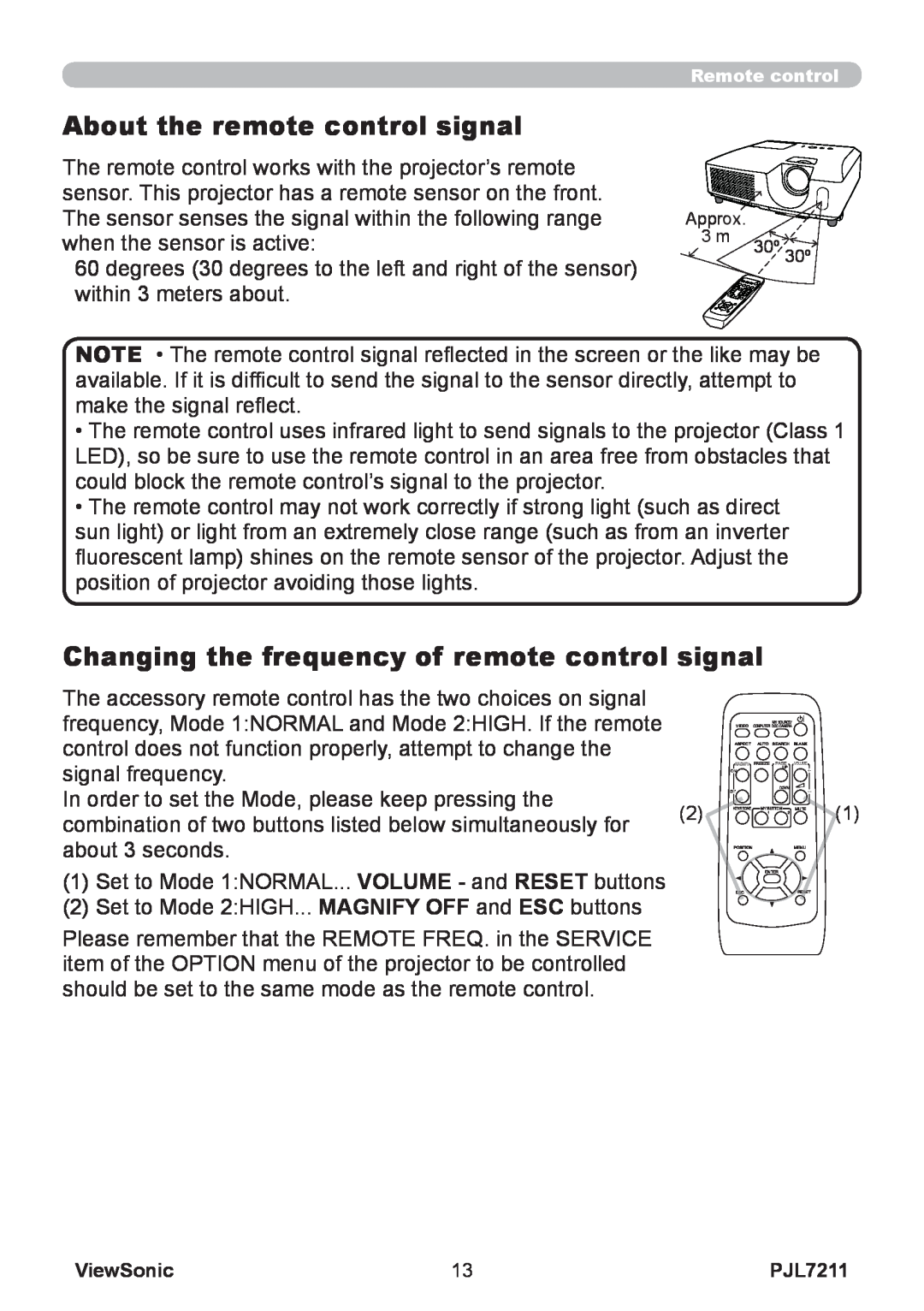 ViewSonic PJL7211 manual About the remote control signal, Changing the frequency of remote control signal 