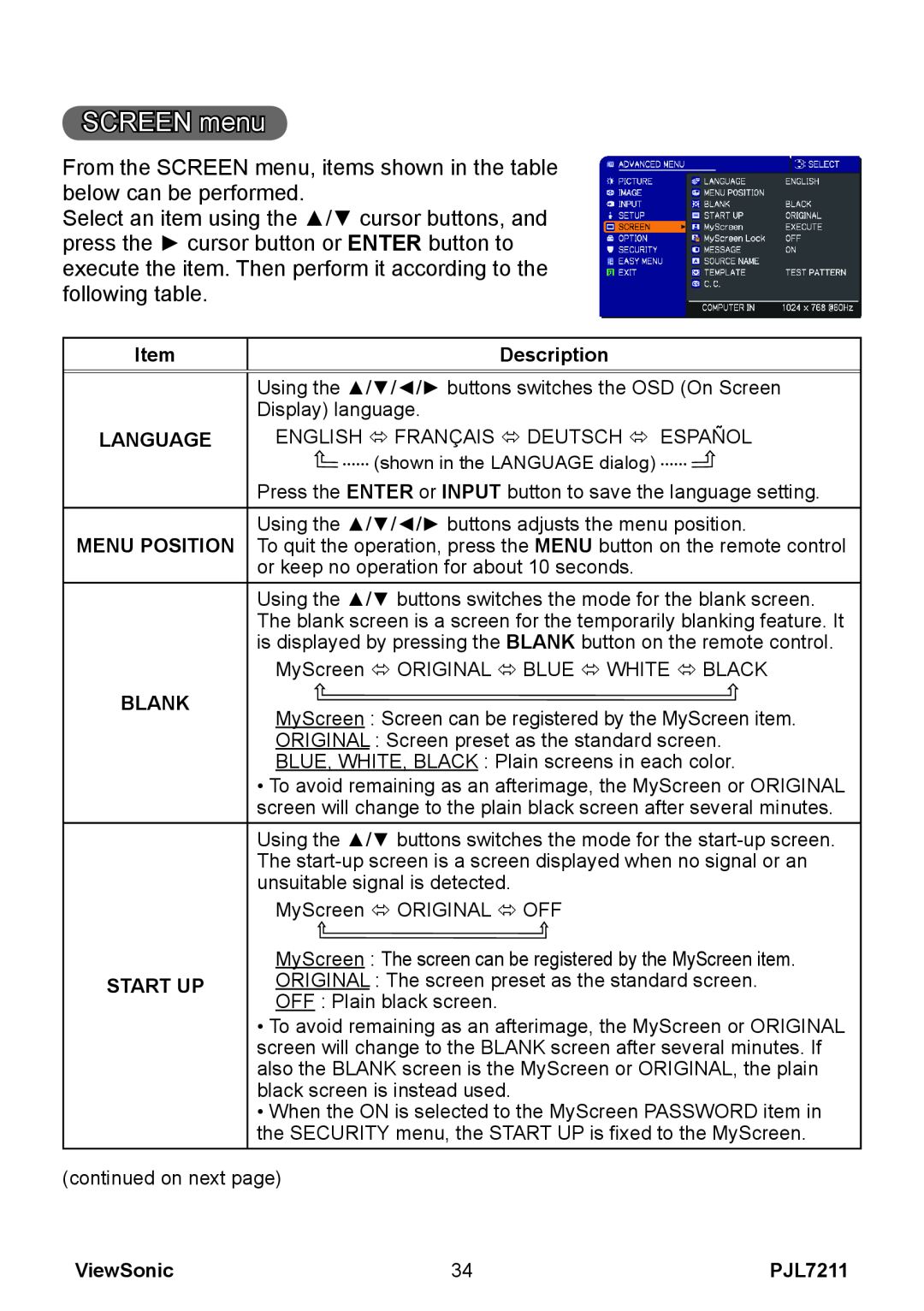 ViewSonic PJL7211 manual SCREEN menu, Item, Description, Language, Blank, Start Up, ViewSonic 