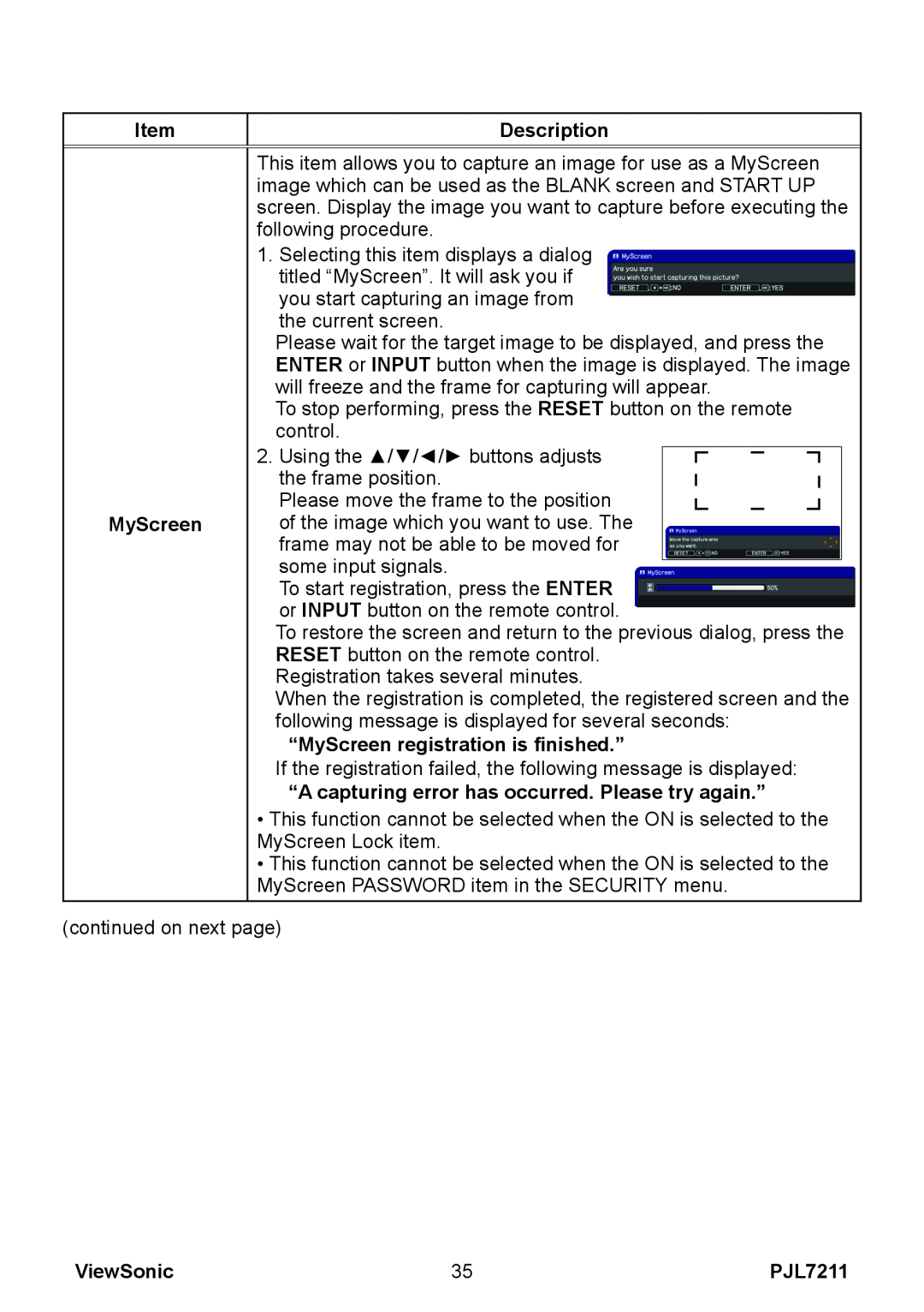 ViewSonic PJL7211 manual Item, Description, “MyScreen registration is finished.”, ViewSonic 