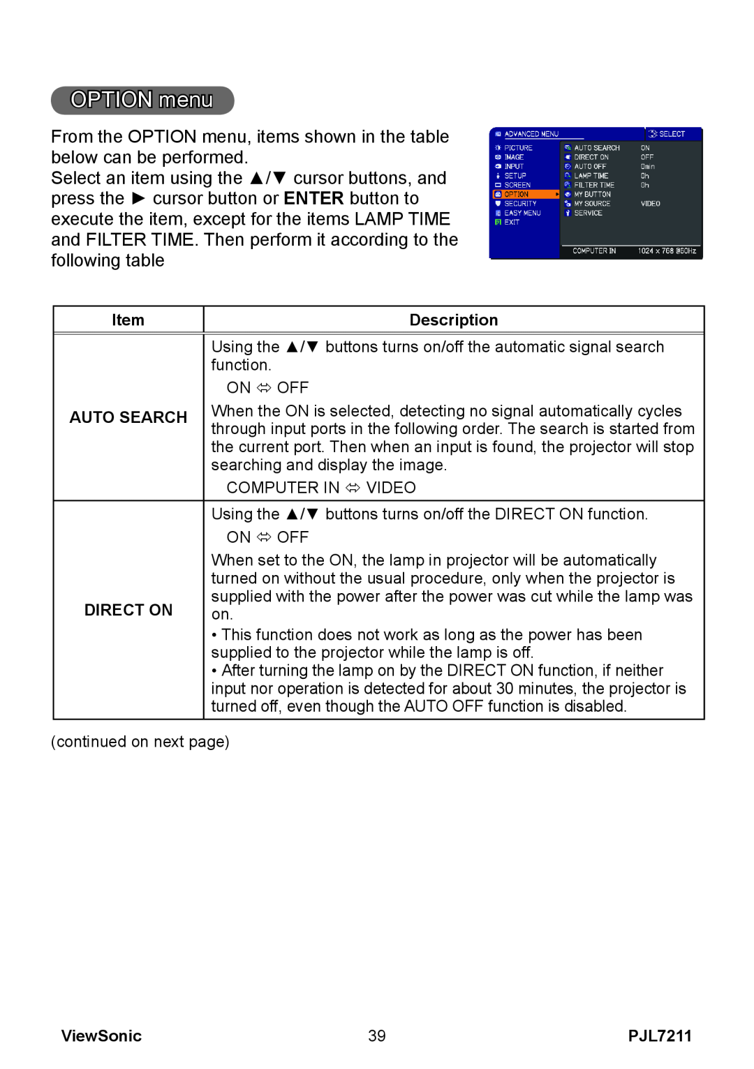 ViewSonic PJL7211 manual OPTION menu, Item, Description, Auto Search, Direct On, ViewSonic 