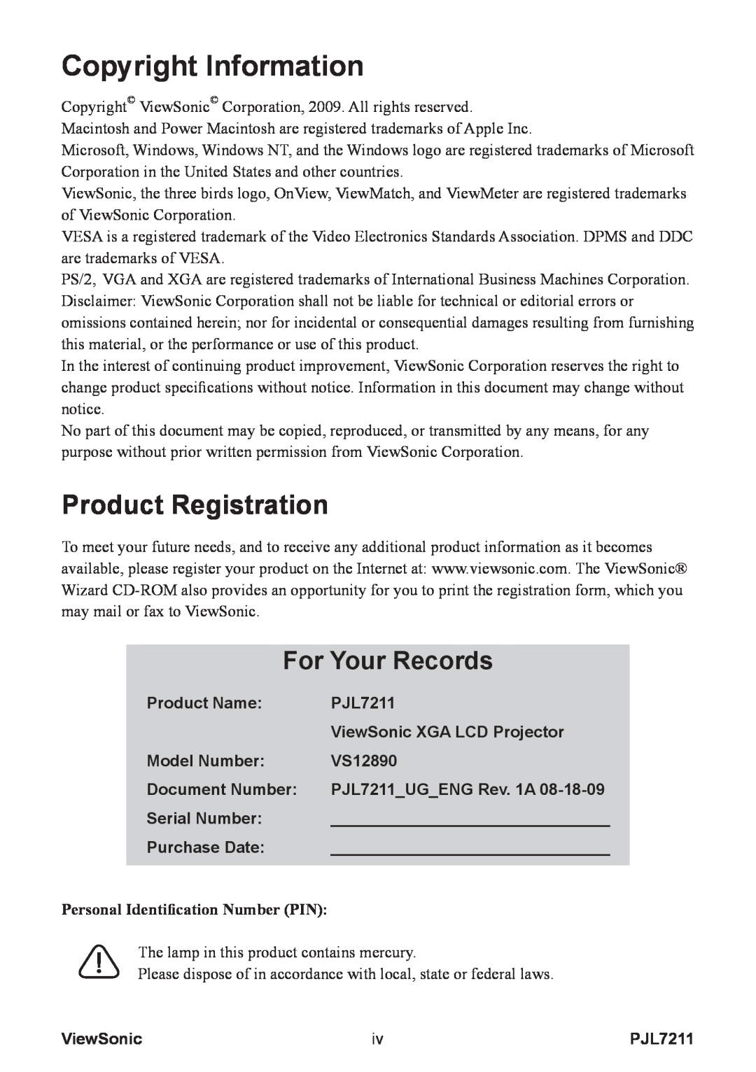 ViewSonic PJL7211 Product Registration, For Your Records, Copyright Information, Product Name, ViewSonic XGA LCD Projector 