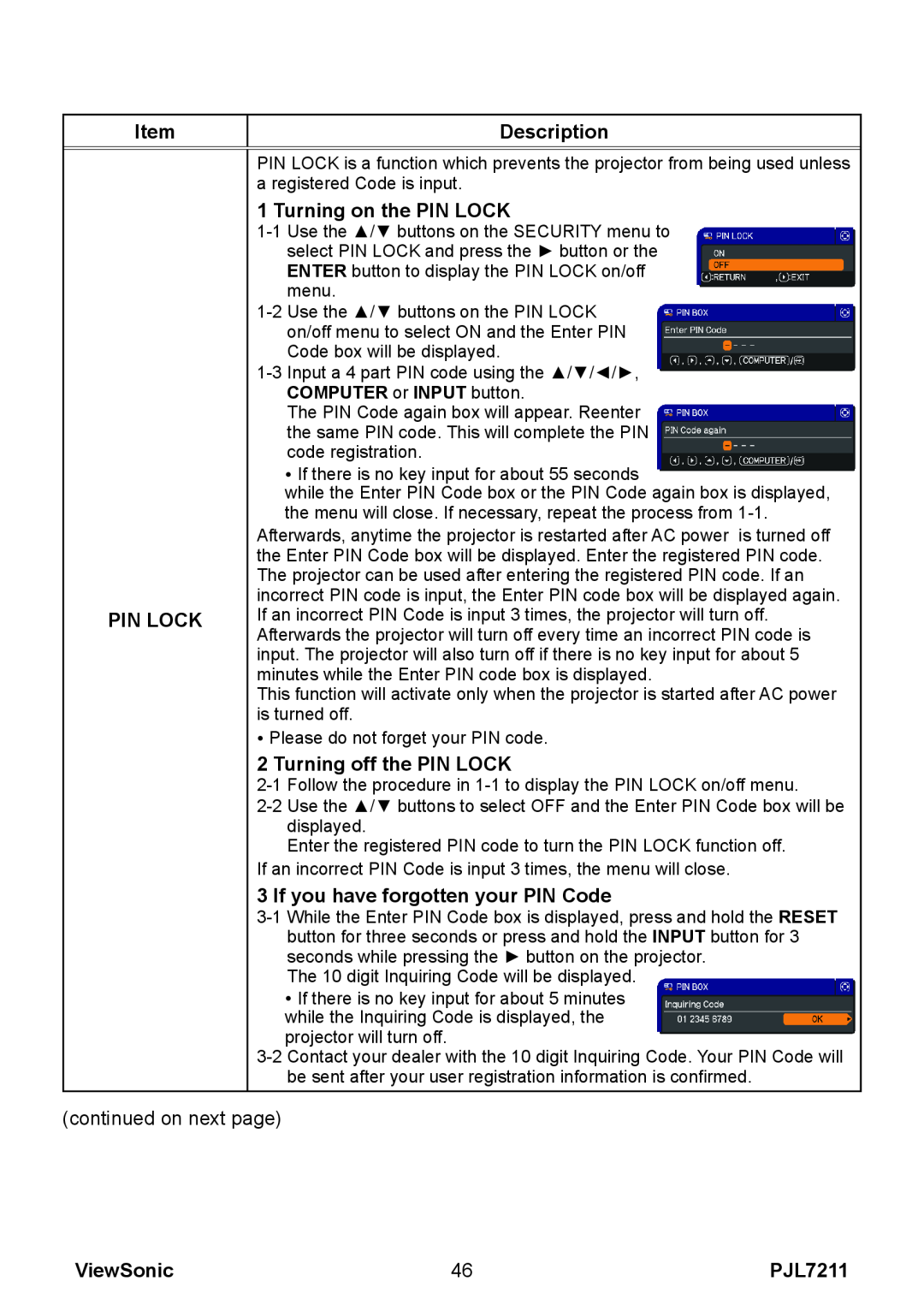 ViewSonic PJL7211 manual Item, Description, Pin Lock, Turning on the PIN LOCK, Turning off the PIN LOCK, ViewSonic 
