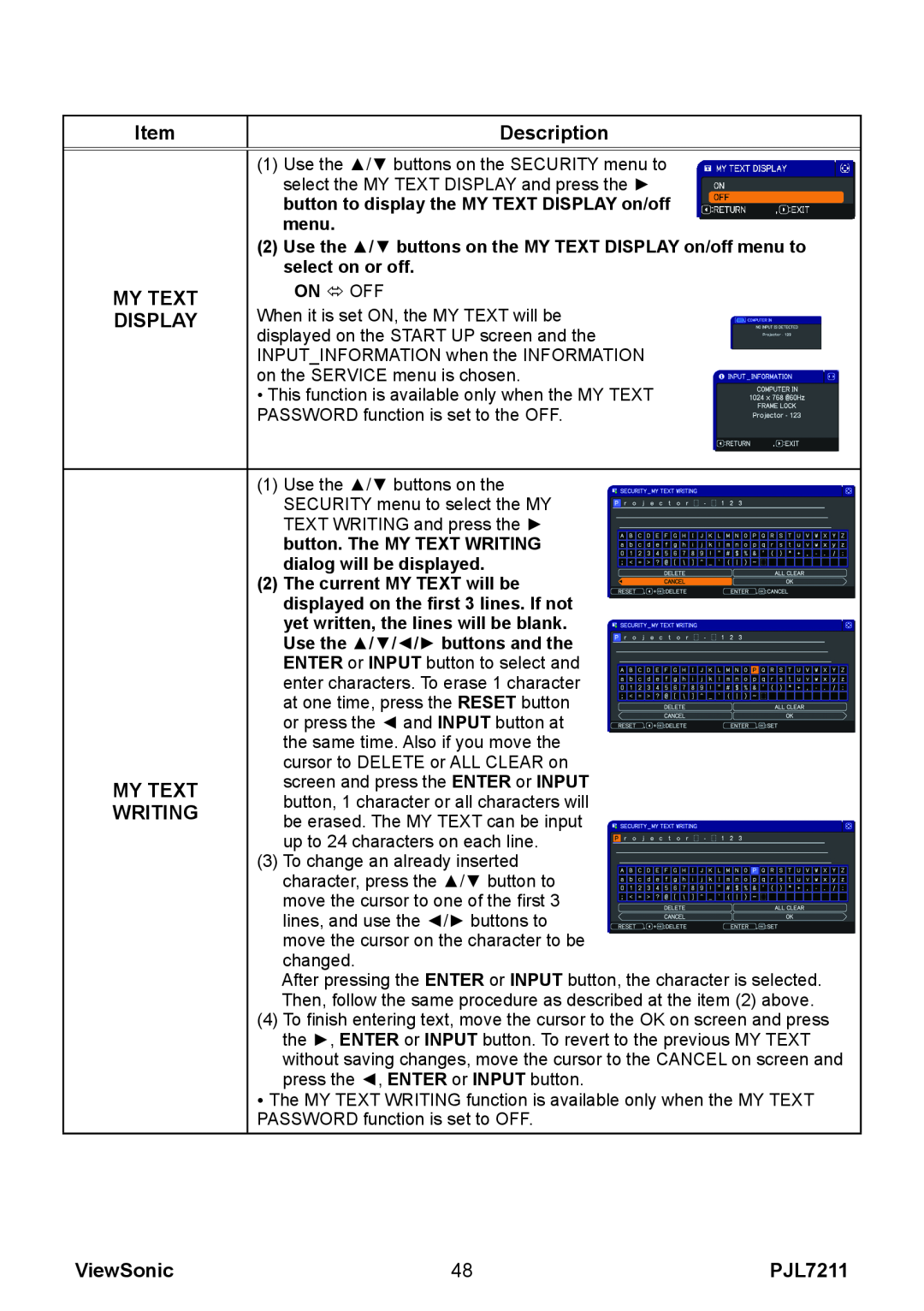 ViewSonic PJL7211 manual Item, Description, My Text, Display, Writing, ViewSonic 