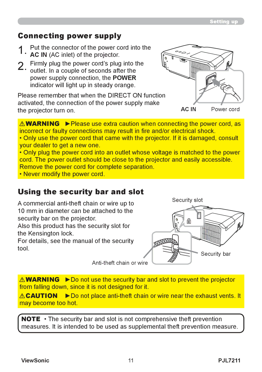 ViewSonic PJL7211 manual Connecting power supply, Using the security bar and slot 