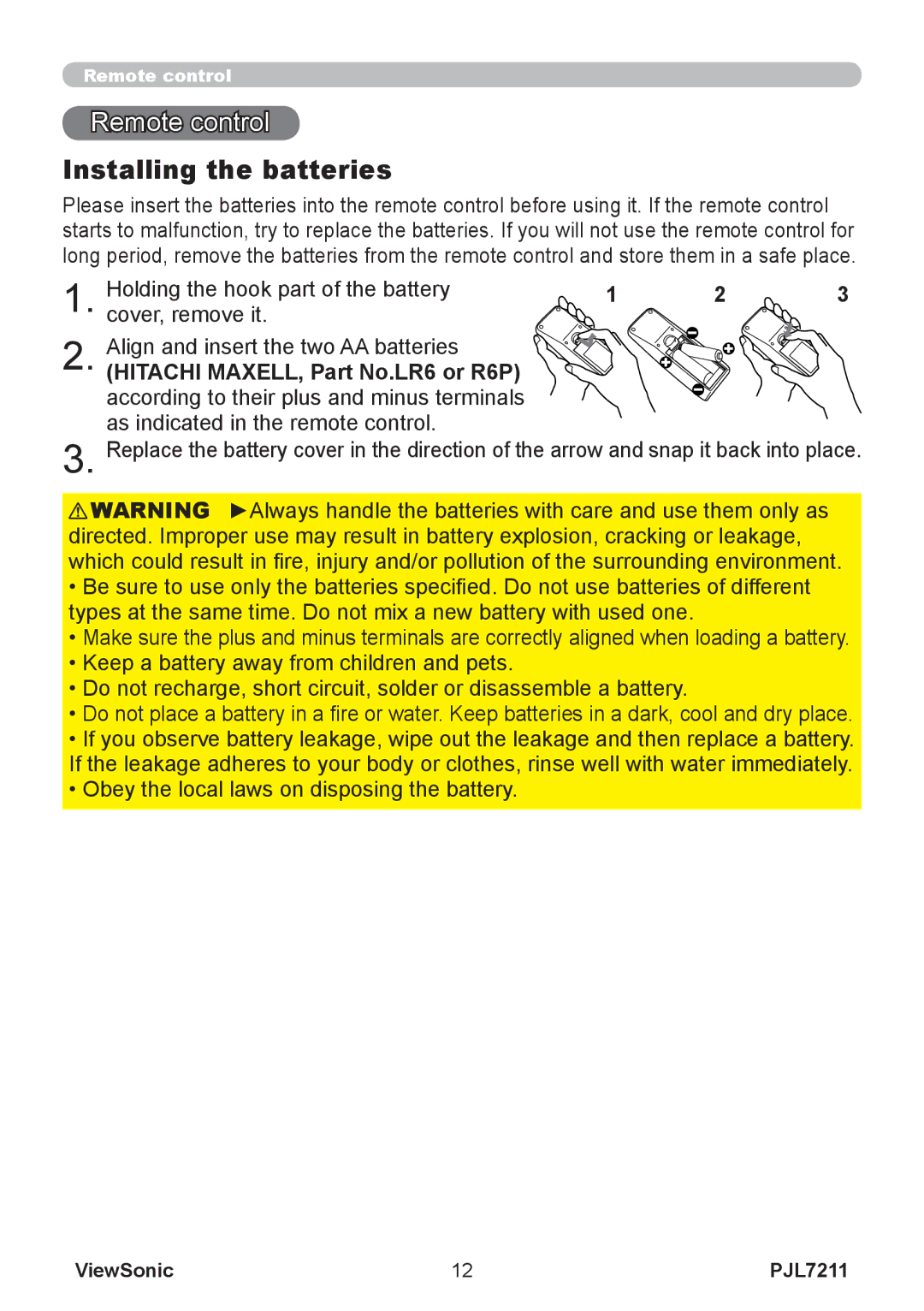 ViewSonic PJL7211 manual Remote control, Installing the batteries 