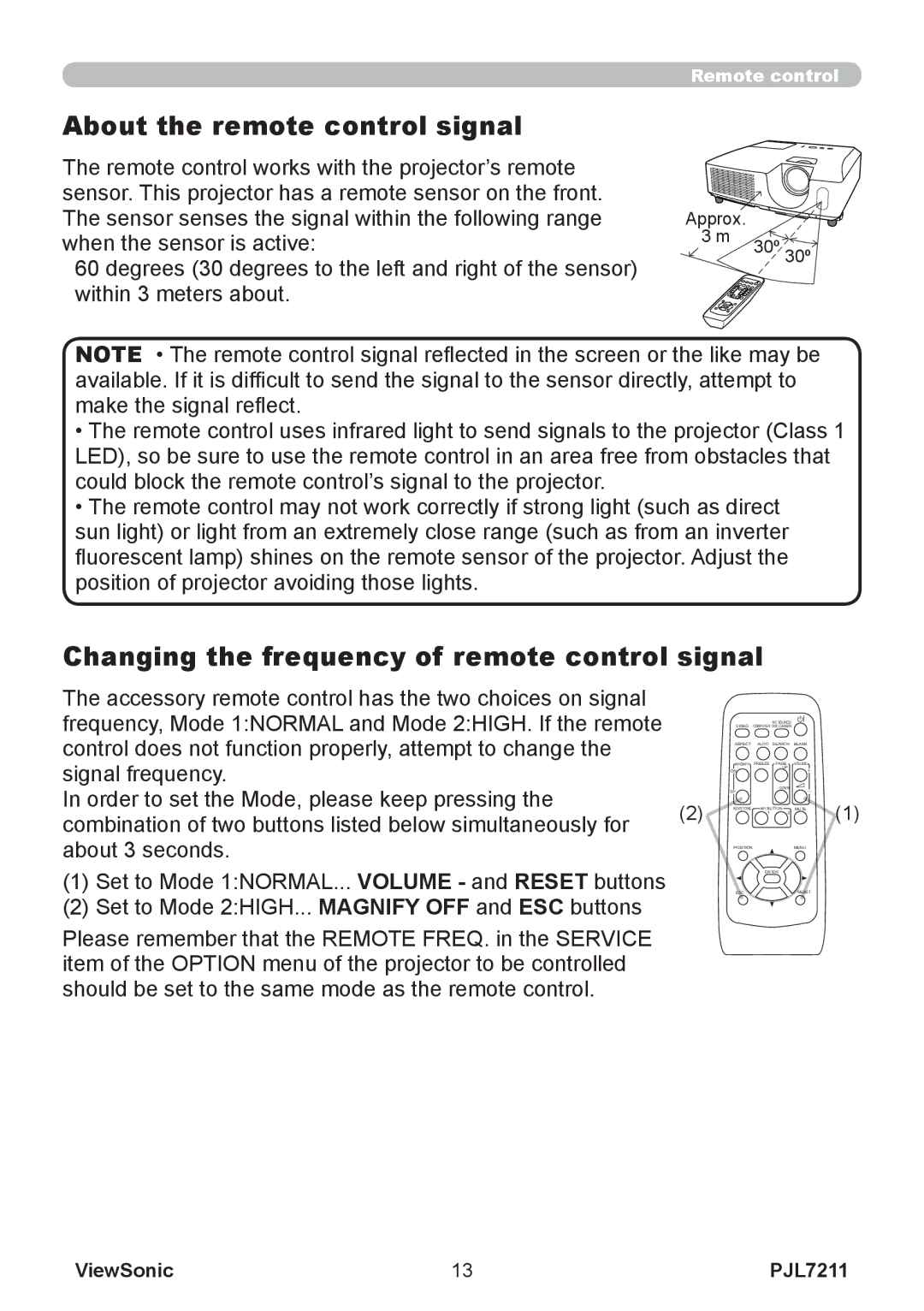 ViewSonic PJL7211 manual About the remote control signal, Changing the frequency of remote control signal 