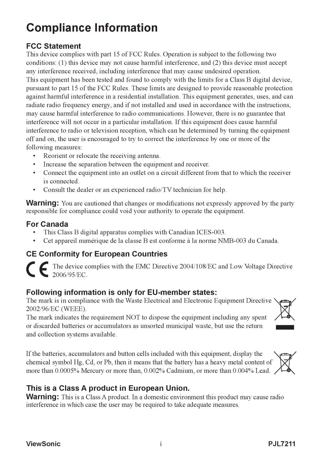 ViewSonic PJL7211 manual FCC Statement, For Canada, CE Conformity for European Countries 