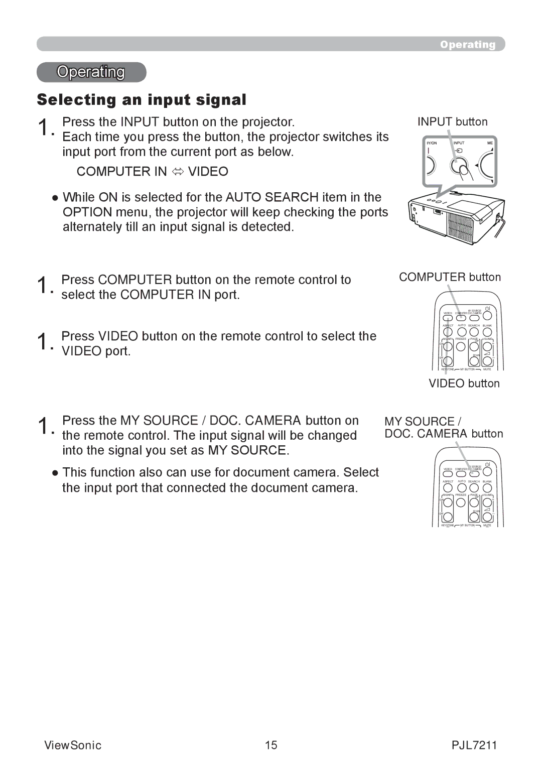 ViewSonic PJL7211 manual Operating, Selecting an input signal, MY Source 