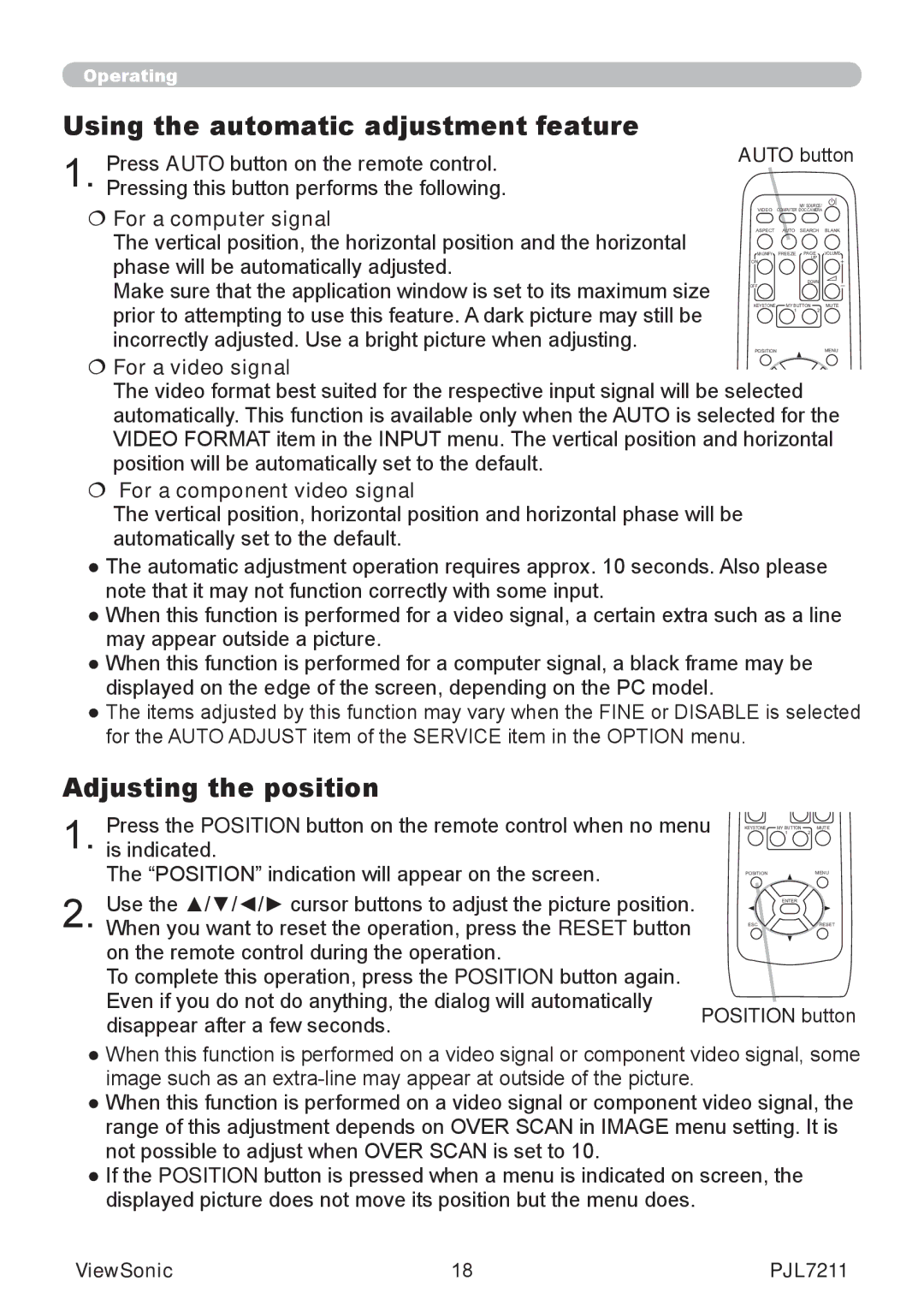 ViewSonic PJL7211 manual Using the automatic adjustment feature, Adjusting the position,  For a component video signal 