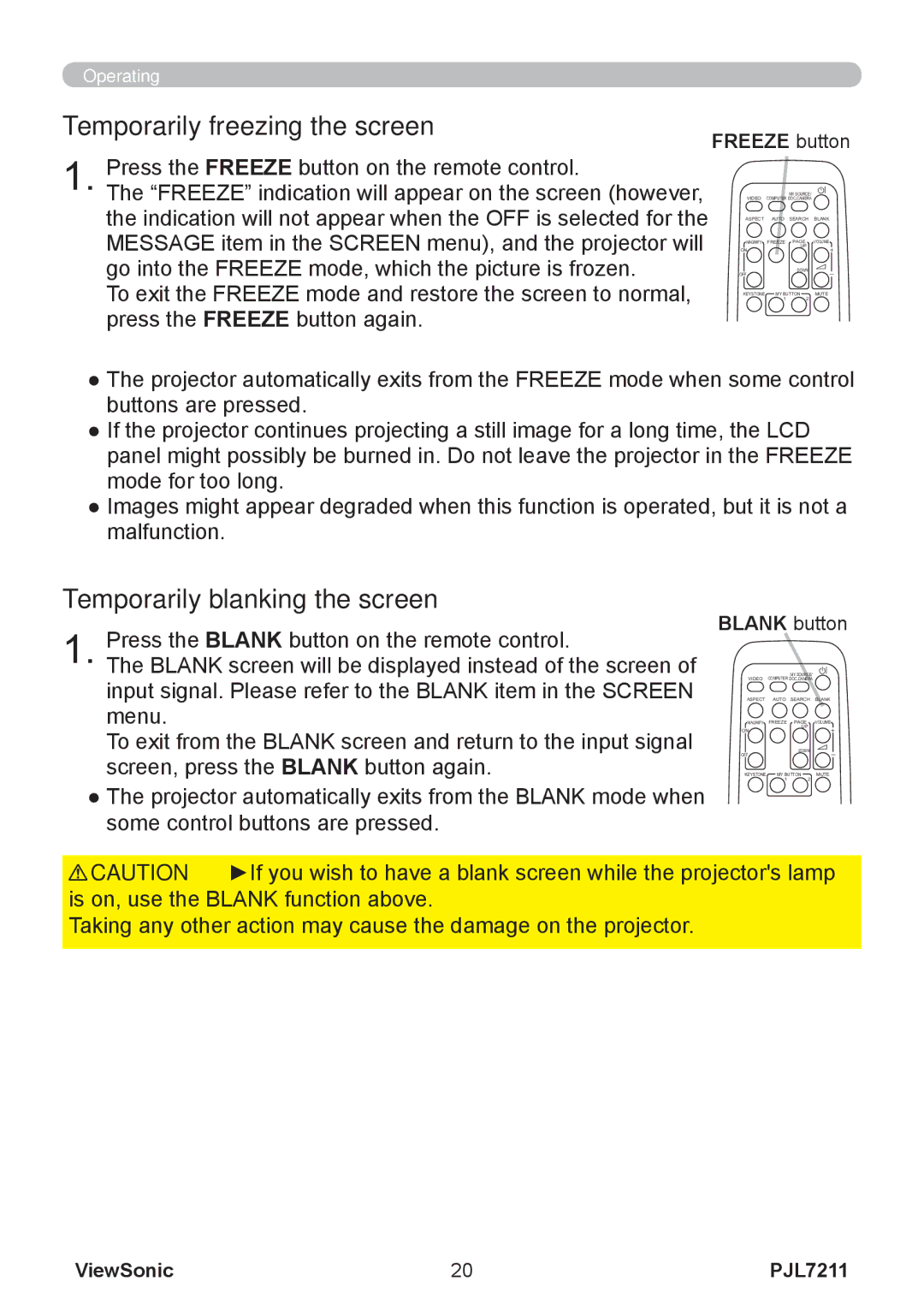 ViewSonic PJL7211 manual Temporarily freezing the screen, Temporarily blanking the screen, Freeze button, Blank button 