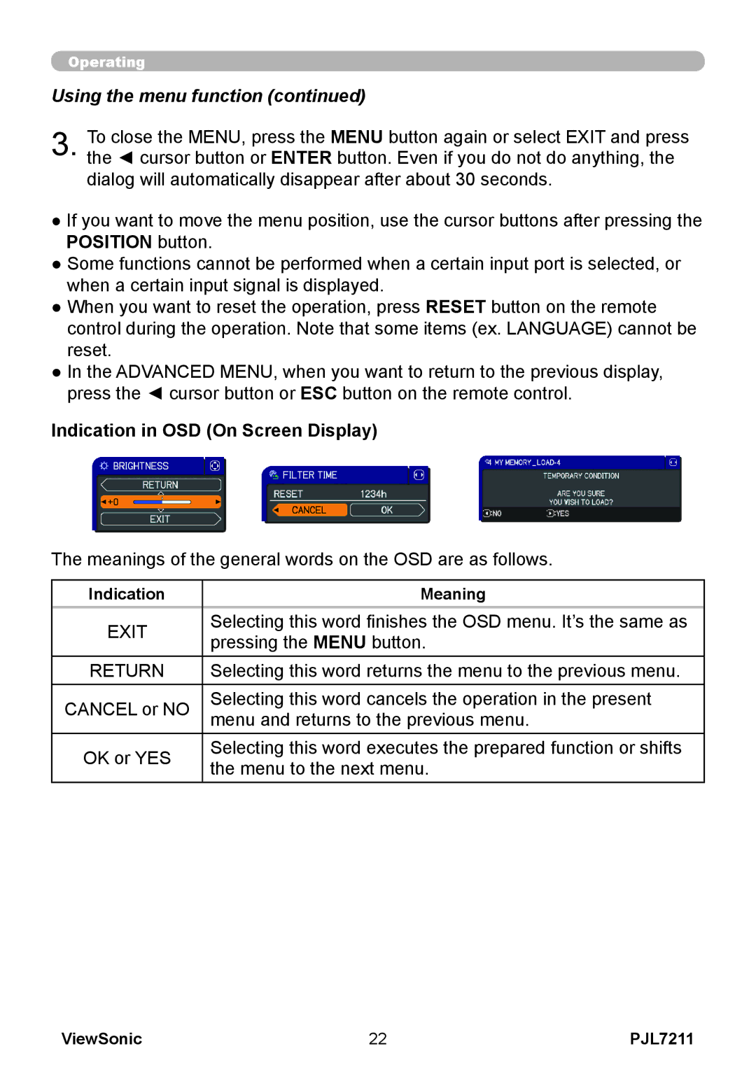 ViewSonic PJL7211 manual Indication in OSD On Screen Display, Indication Meaning 