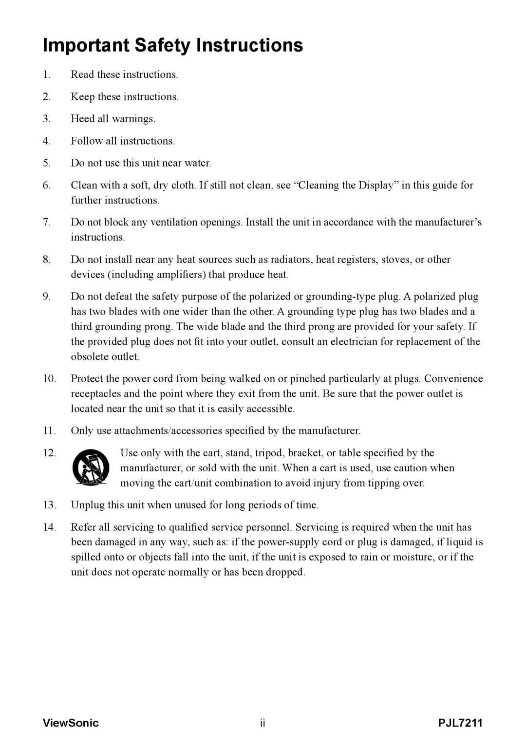 ViewSonic PJL7211 manual Important Safety Instructions 