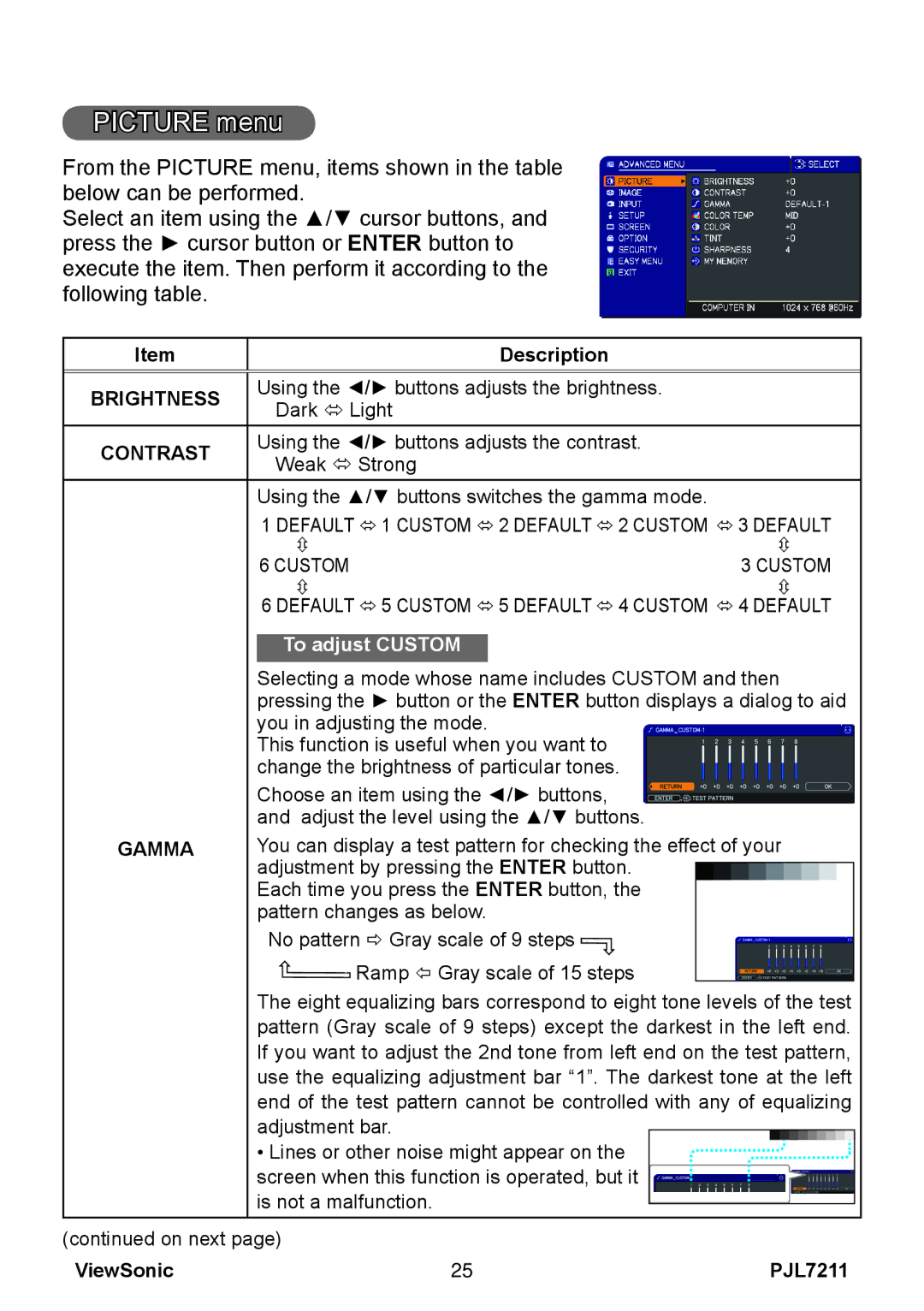 ViewSonic PJL7211 manual Picture menu, Brightness, Contrast, Gamma 