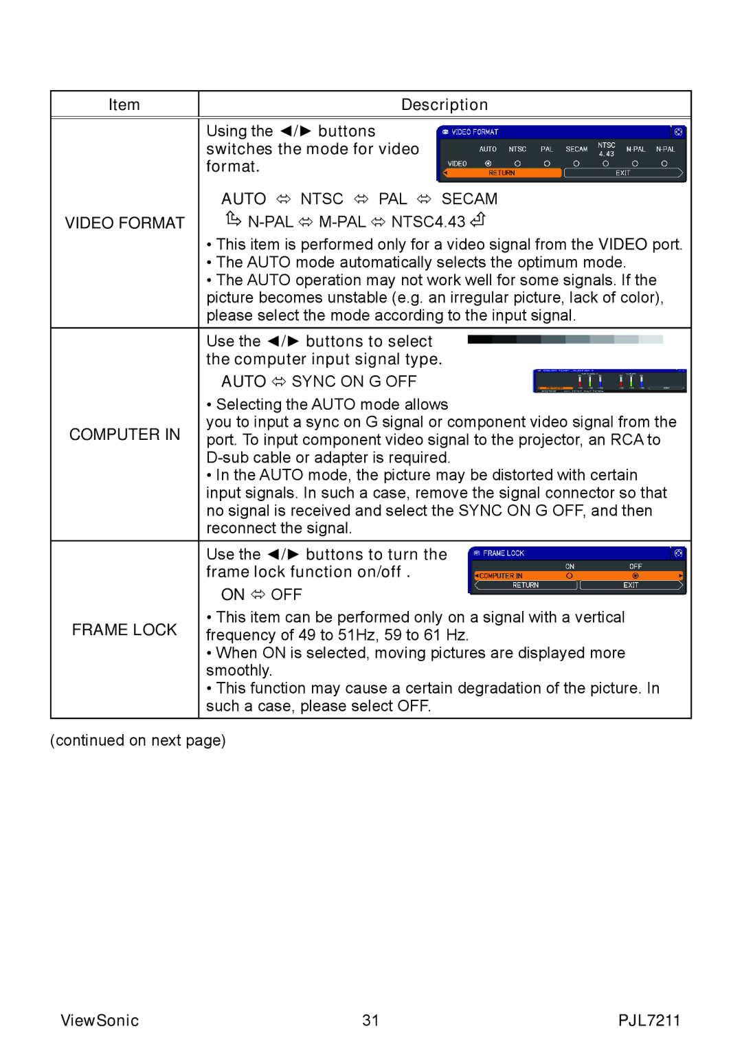 ViewSonic PJL7211 manual Video Format, Computer, Frame Lock 