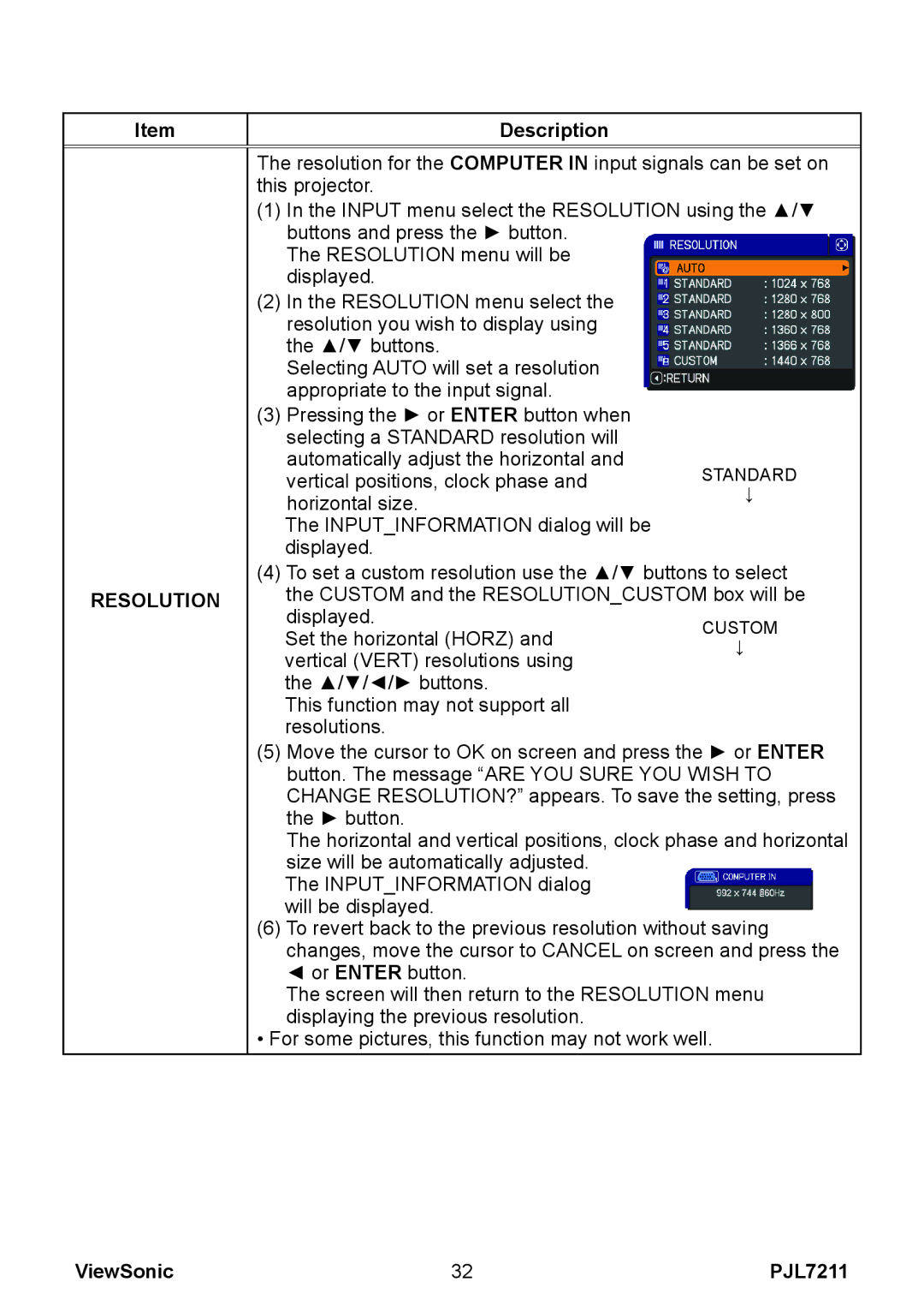 ViewSonic PJL7211 manual Resolution 