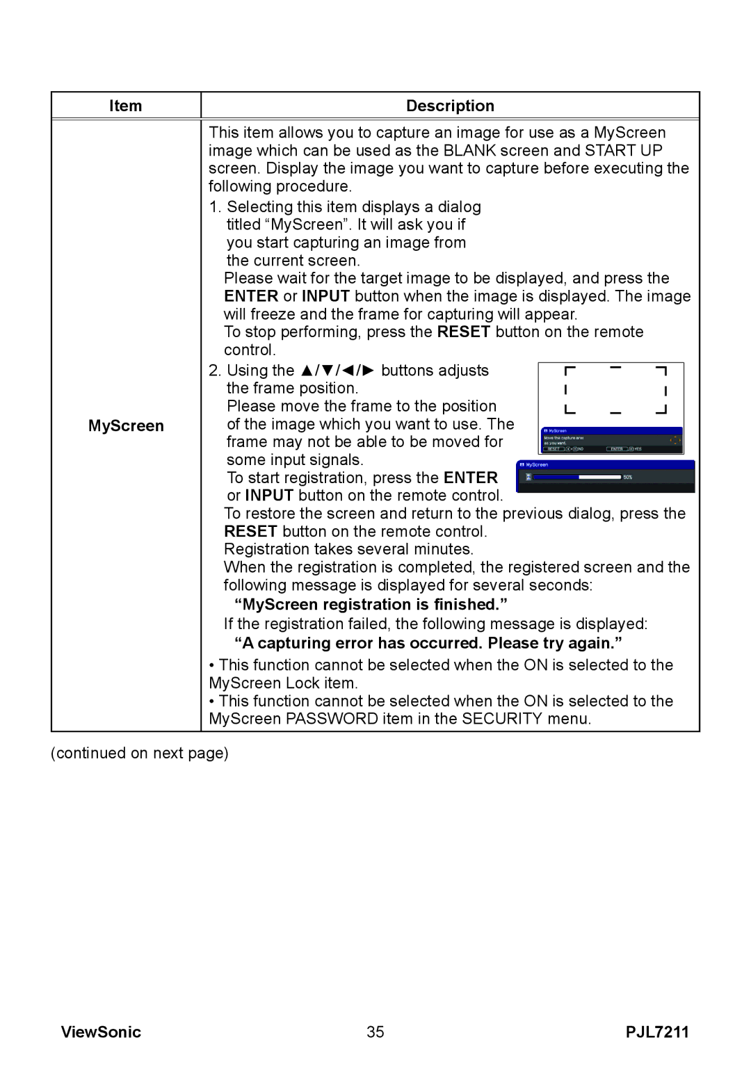 ViewSonic PJL7211 Description MyScreen, MyScreen registration is finished, Capturing error has occurred. Please try again 