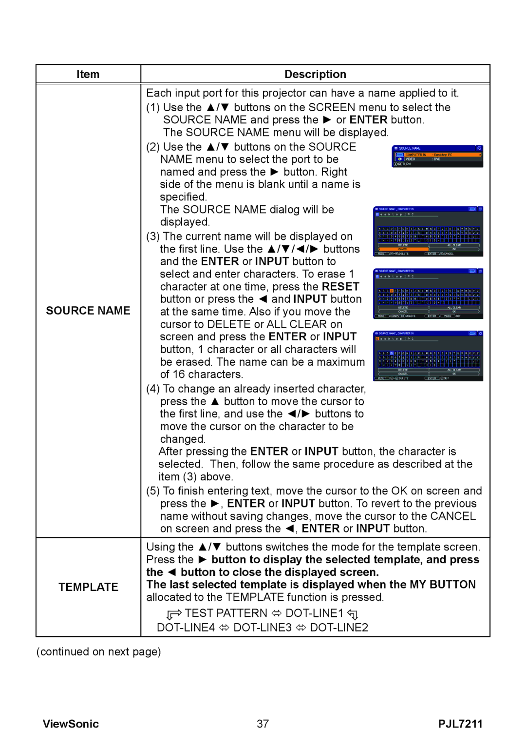 ViewSonic PJL7211 manual Source Name, Button to close the displayed screen, Template 