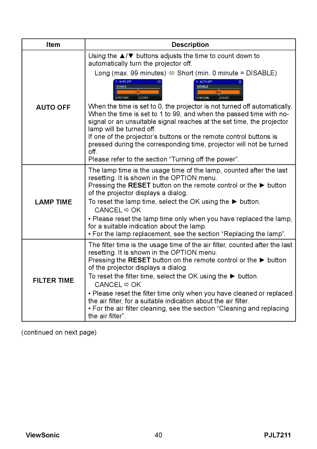 ViewSonic PJL7211 manual Auto OFF, Lamp Time 