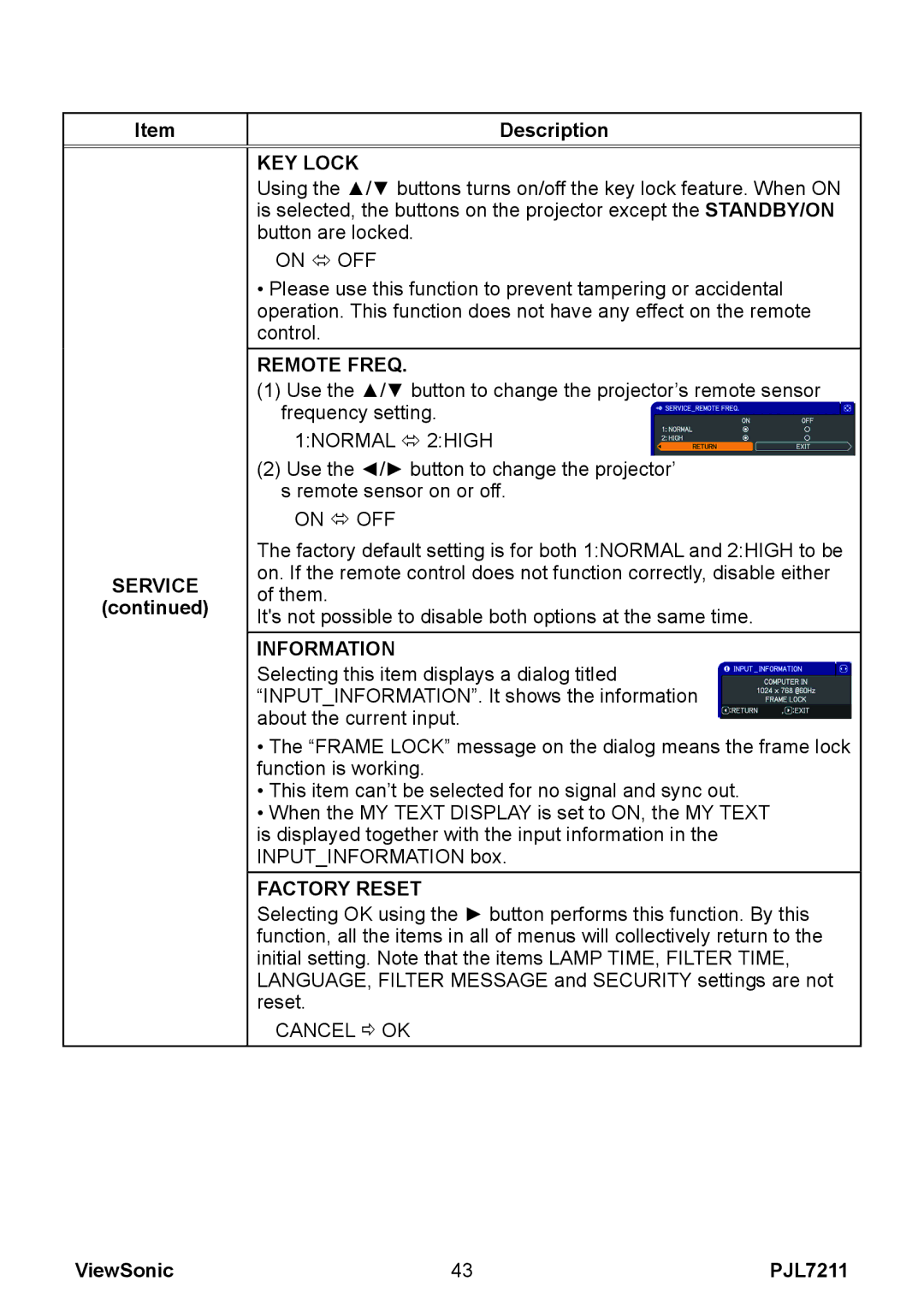 ViewSonic PJL7211 manual KEY Lock, Remote Freq, Information, Factory Reset 
