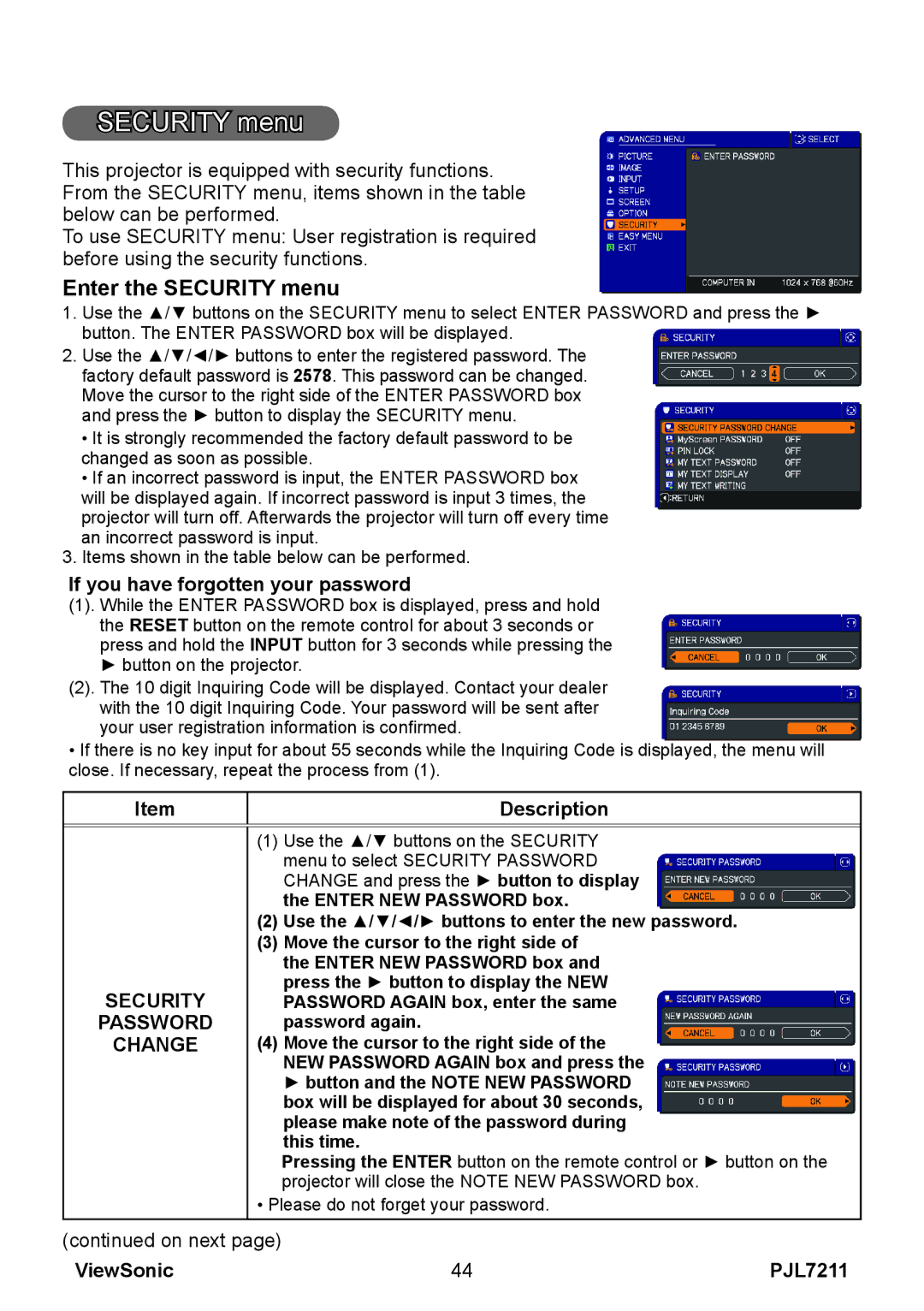 ViewSonic PJL7211 manual Enter the Security menu, Password, Change 