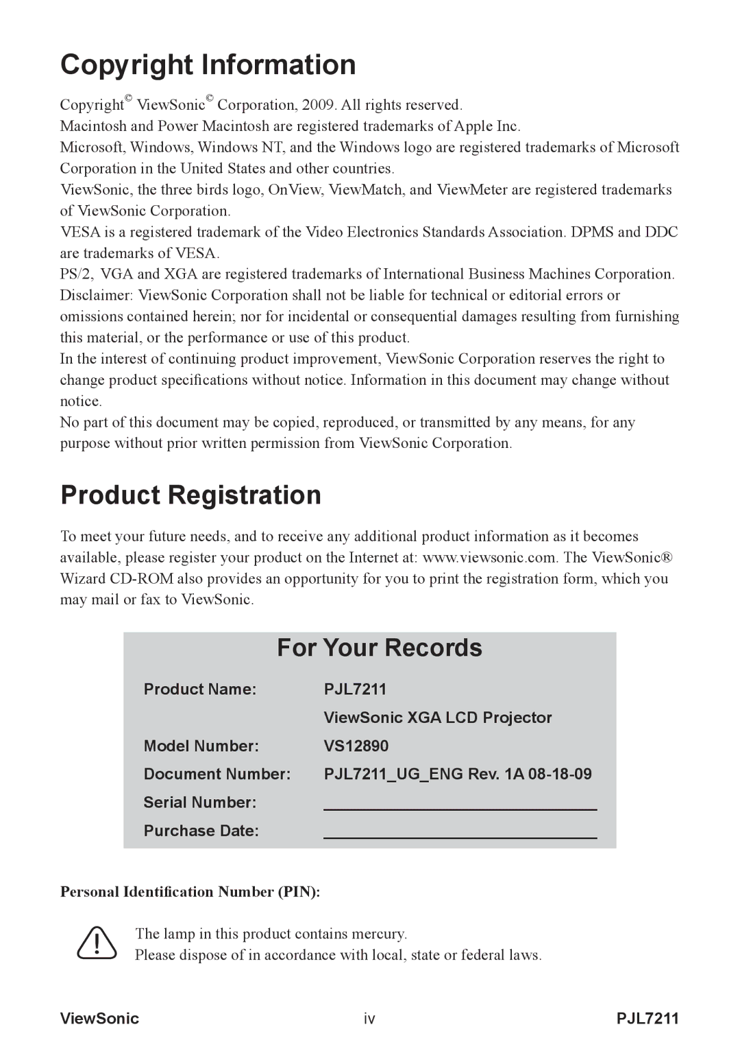 ViewSonic PJL7211 manual Copyright Information 