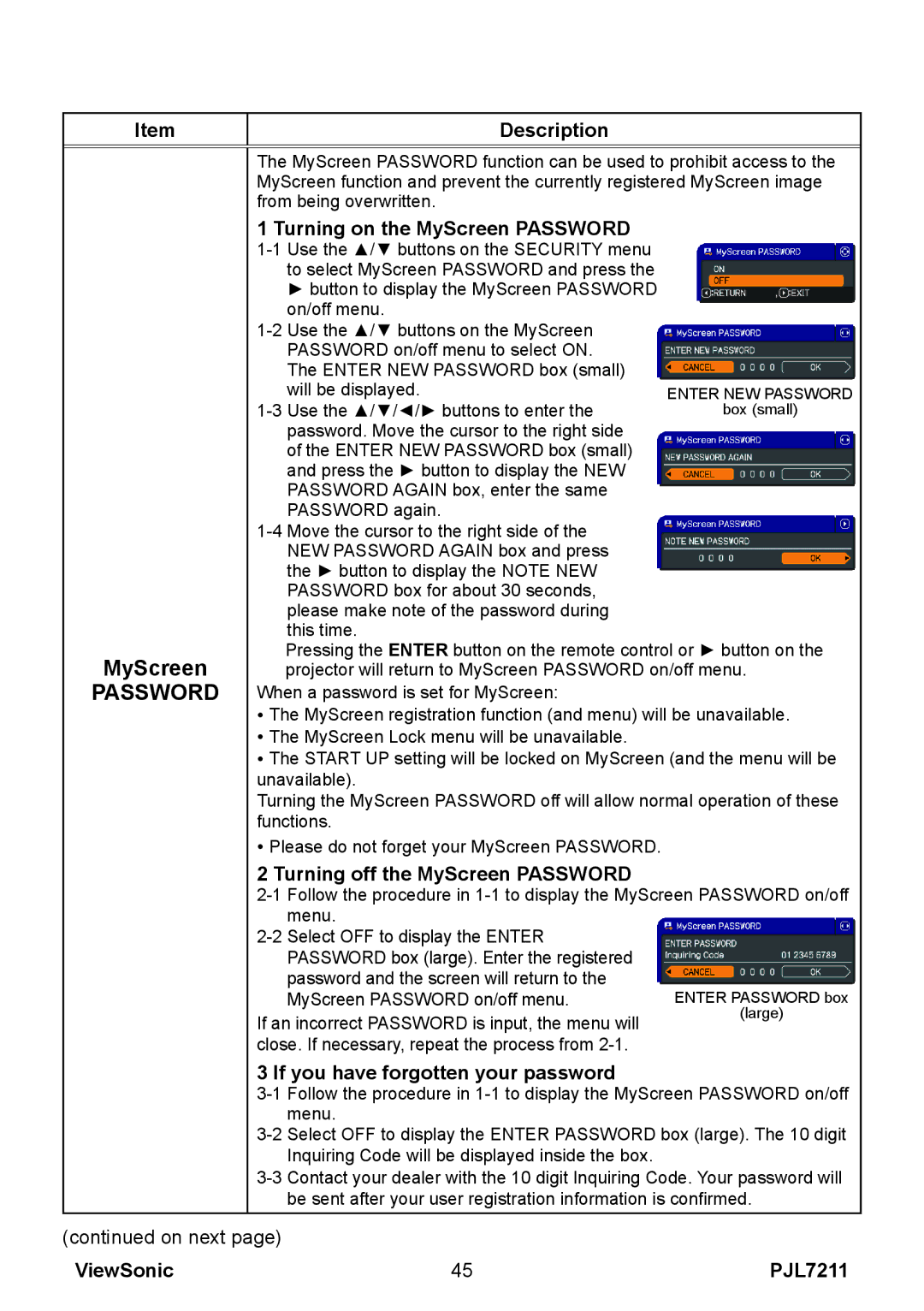 ViewSonic PJL7211 manual Turning on the MyScreen Password, Turning off the MyScreen Password 