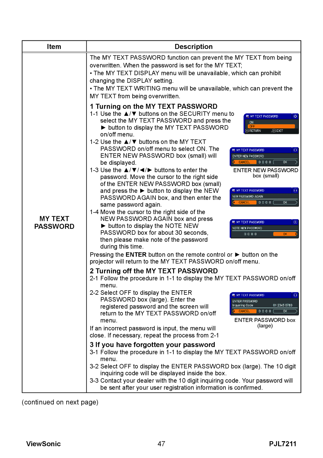 ViewSonic PJL7211 manual Turning on the MY Text Password, Turning off the MY Text Password 