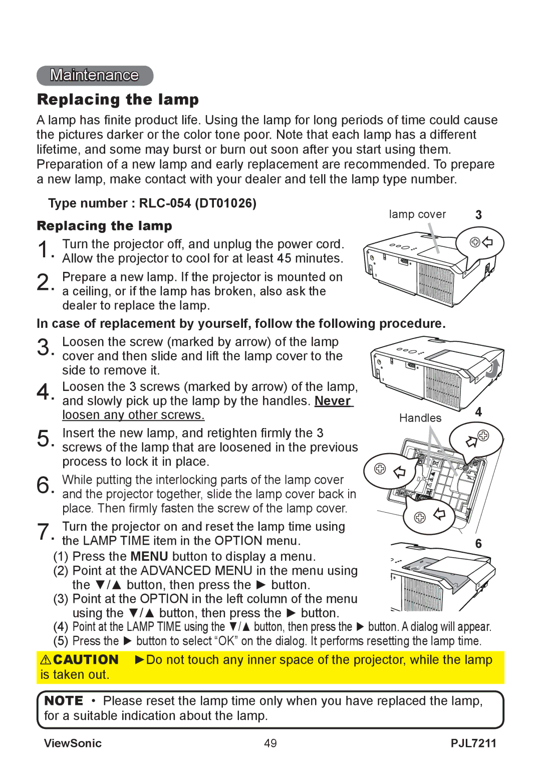 ViewSonic PJL7211 manual Maintenance, Replacing the lamp, Type number RLC-054 DT01026, Lamp cover 