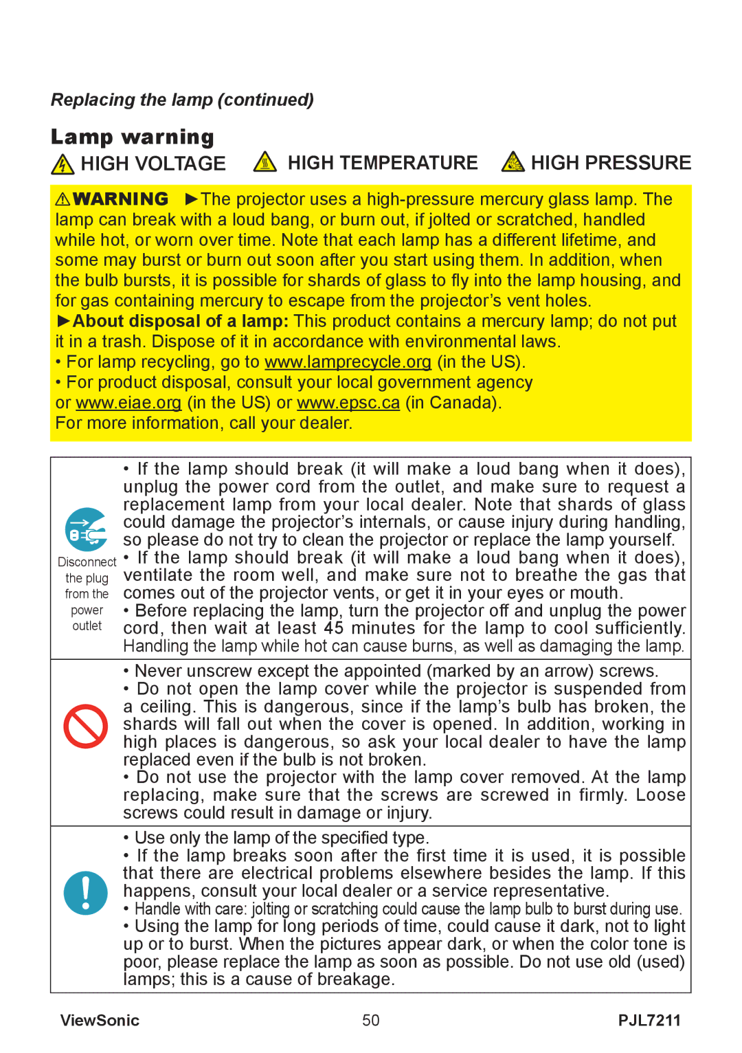 ViewSonic PJL7211 manual Lamp warning, High Voltage High Temperature 