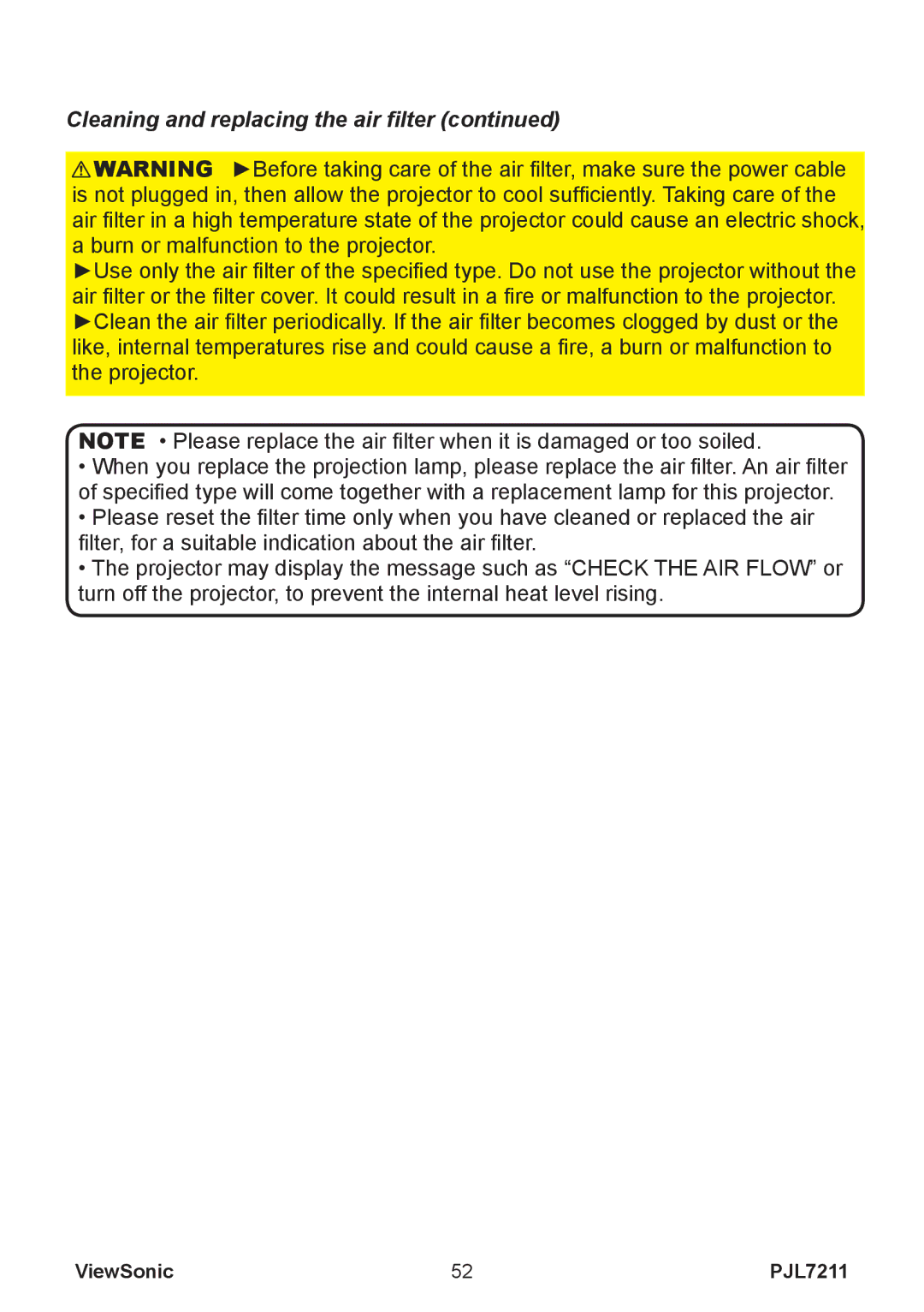 ViewSonic PJL7211 manual Cleaning and replacing the air filter 