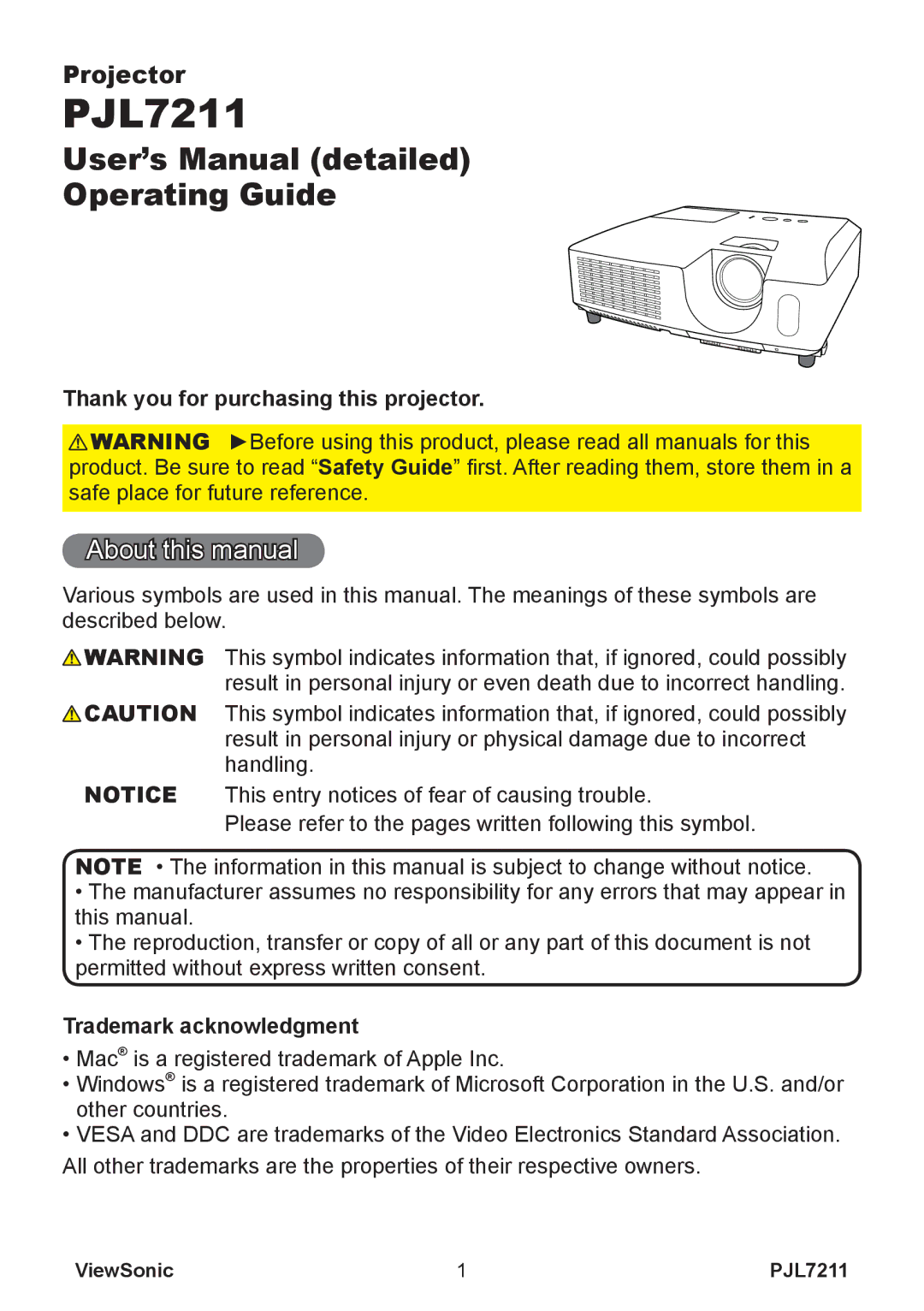 ViewSonic PJL7211 About this manual, Thank you for purchasing this projector, Trademark acknowledgment 