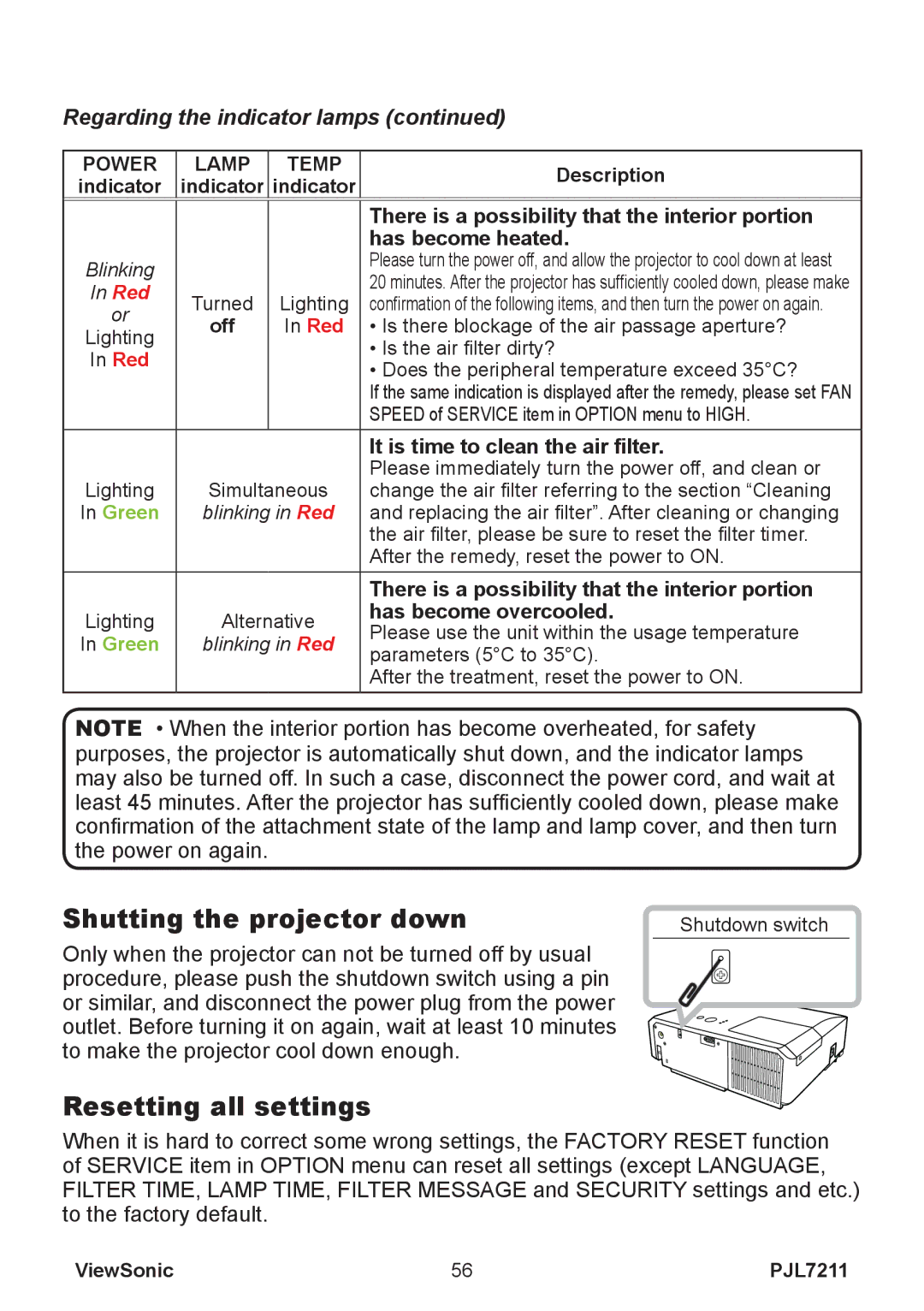 ViewSonic PJL7211 manual Shutting the projector down, Resetting all settings 