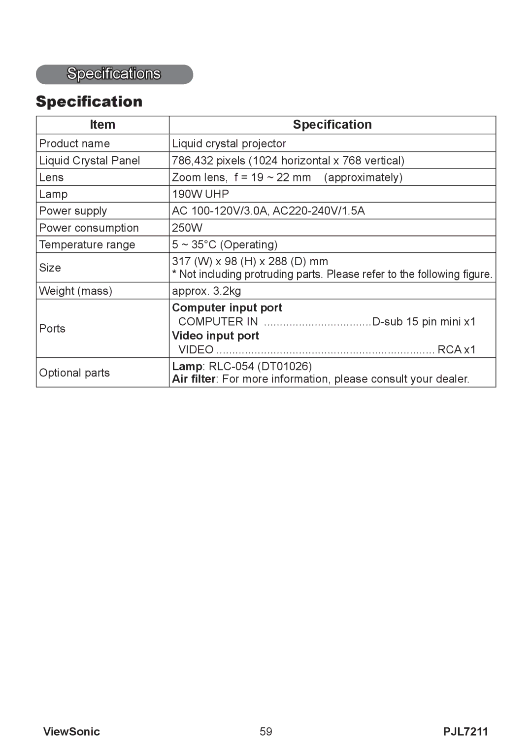 ViewSonic PJL7211 manual Specifications, Computer input port, Video input port 