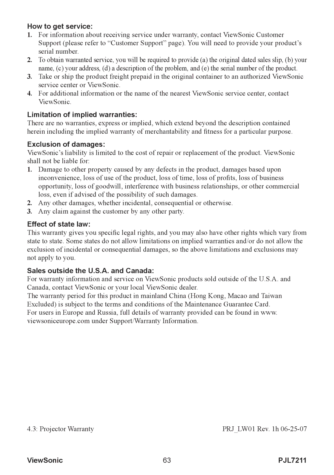 ViewSonic PJL7211 manual How to get service, Limitation of implied warranties, Exclusion of damages, Effect of state law 