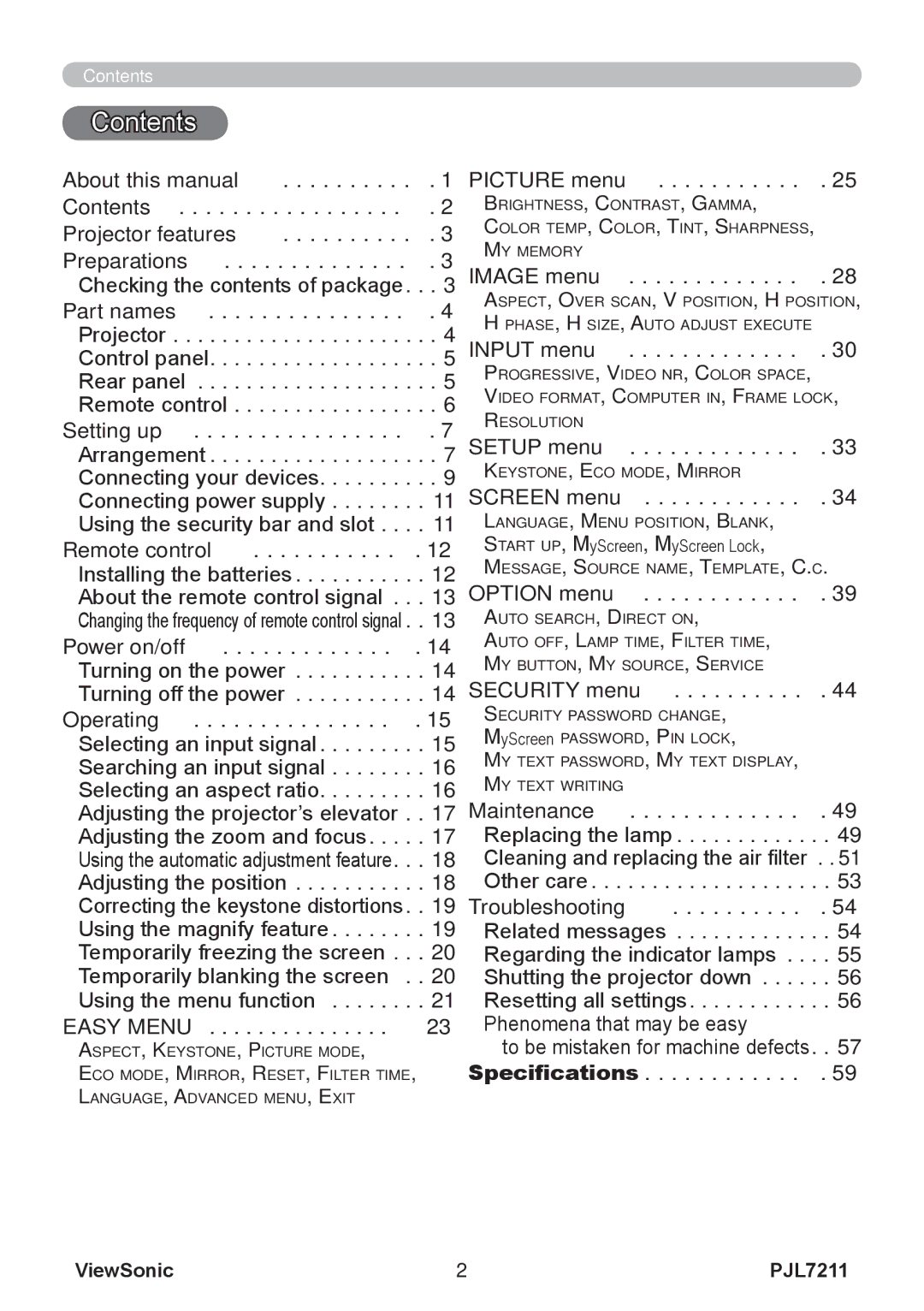 ViewSonic PJL7211 manual Contents 