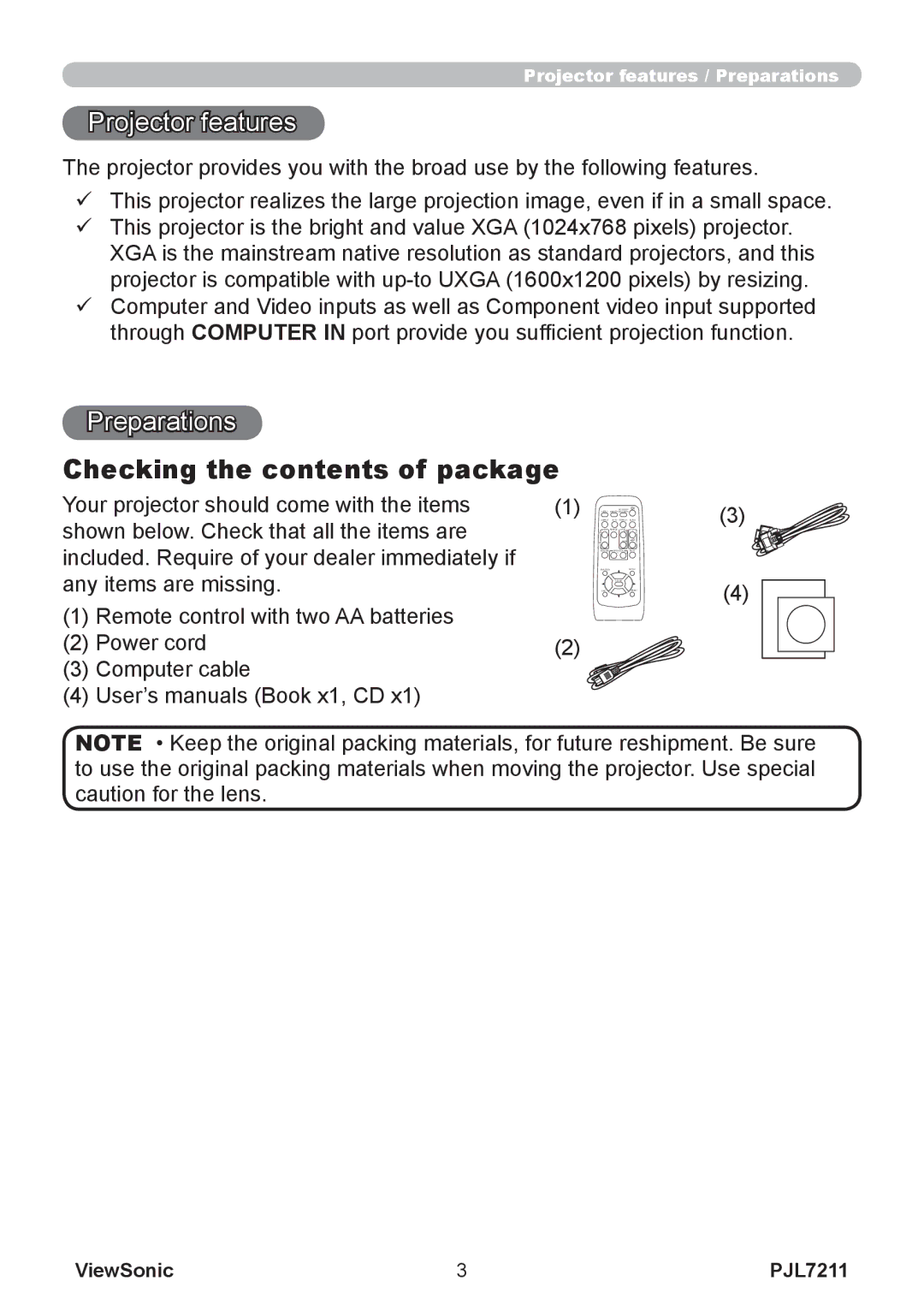 ViewSonic PJL7211 manual Checking the contents of package 