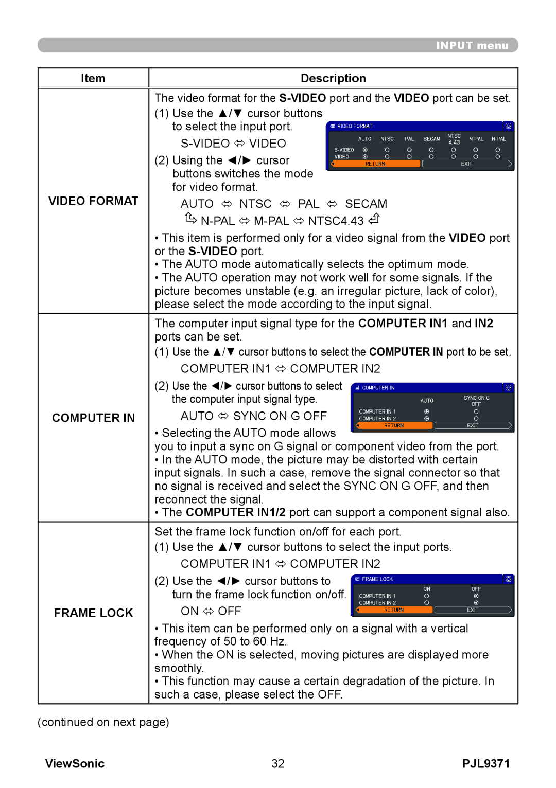 ViewSonic pjl9371 manual Description, Video Format, Computer In, Frame Lock, ViewSonic 