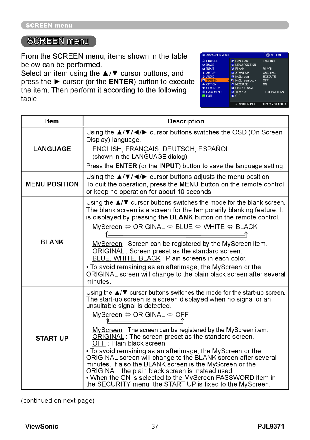 ViewSonic pjl9371 manual SCREEN menu, Description, Language, Blank, Start Up, ViewSonic 