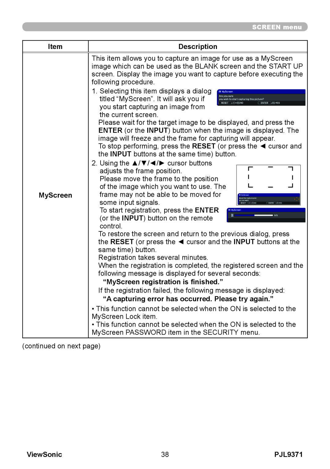ViewSonic pjl9371 manual Item, Description, “MyScreen registration is finished.”, ViewSonic 