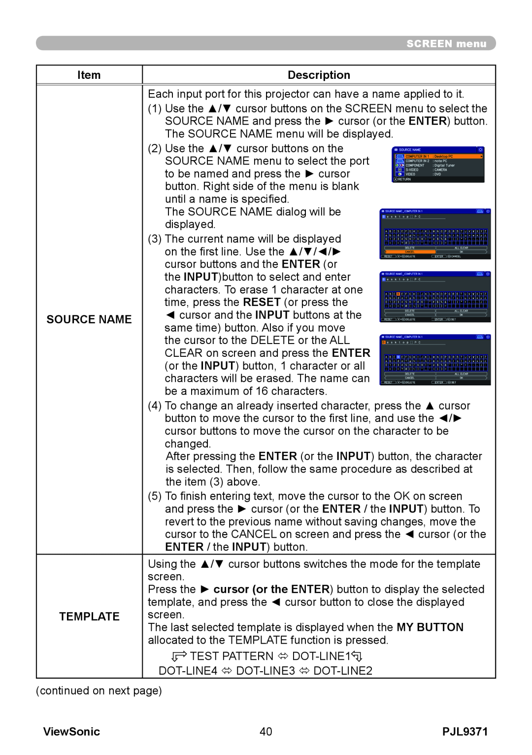 ViewSonic pjl9371 manual Item, Description, Source Name, Template, ViewSonic 