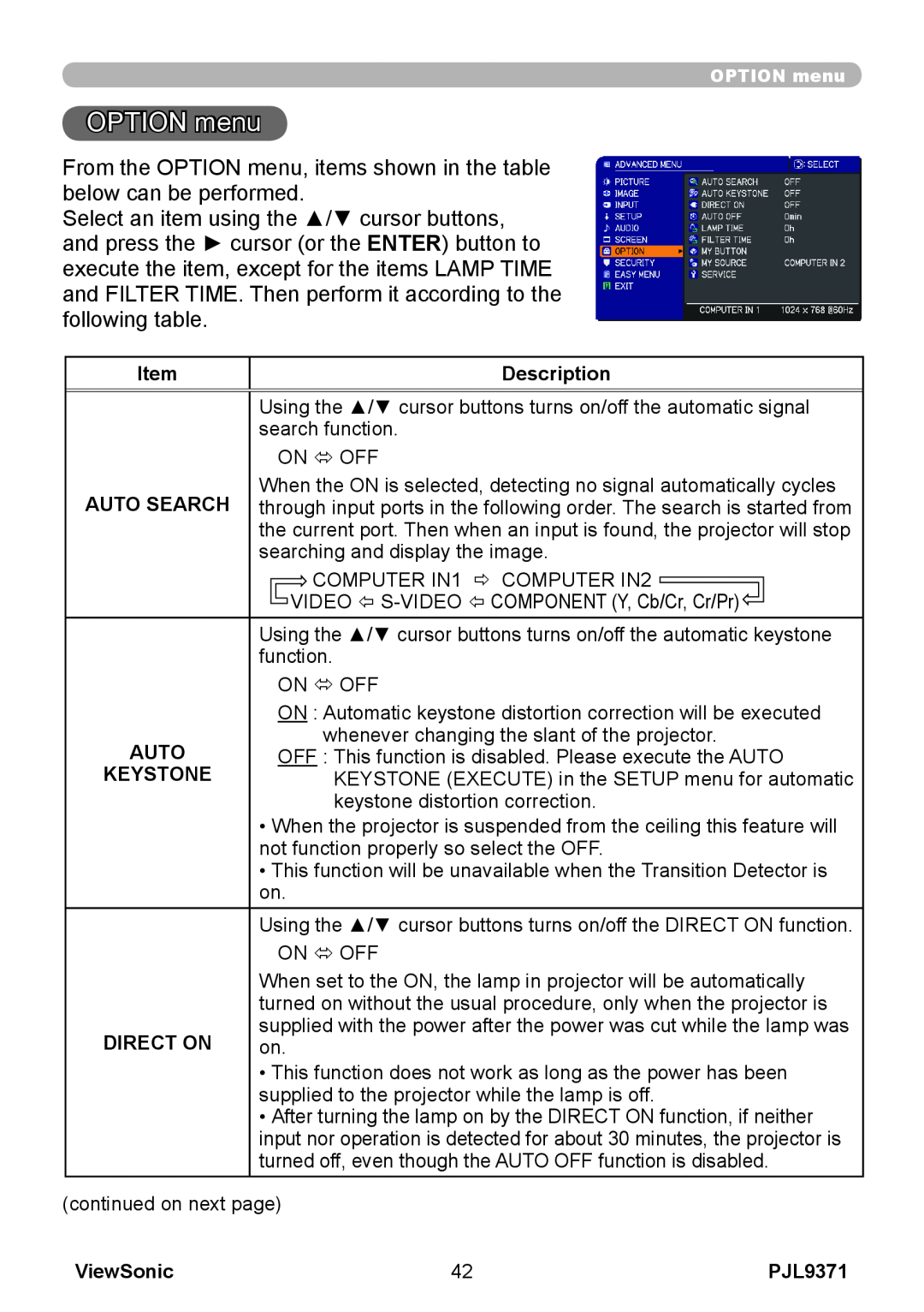 ViewSonic pjl9371 manual OPTION menu, Description, Auto Search, Keystone, Direct On, ViewSonic 